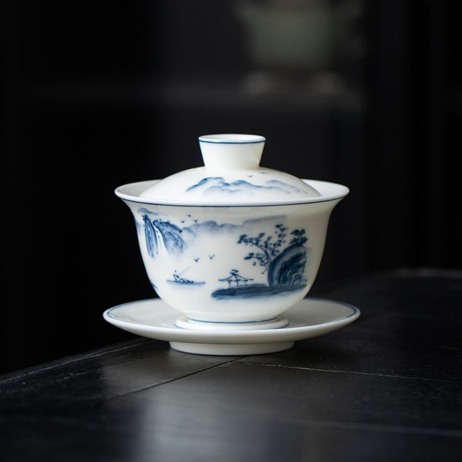 Ceramic Gaiwan Teacup with Saucer Hand Painted LandscapeKung FuTea Bowl Set Ceramic Gaiwan Teacup with Saucer Hand Painted LandscapeKung FuTea Bowl Set