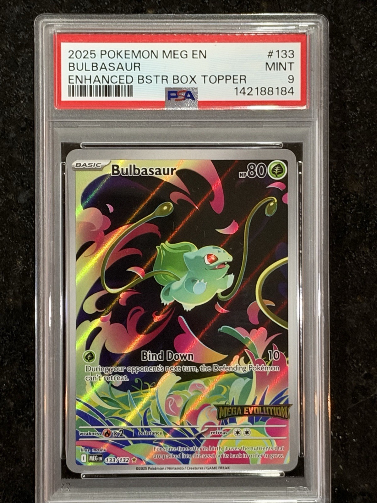 Pokémon TCG Bulbasaur 133/132 Mega Evolution Stamped Holo PSA 9 Pokémon TCG Bulbasaur 133/132 Mega Evolution Stamped Holo PSA 9