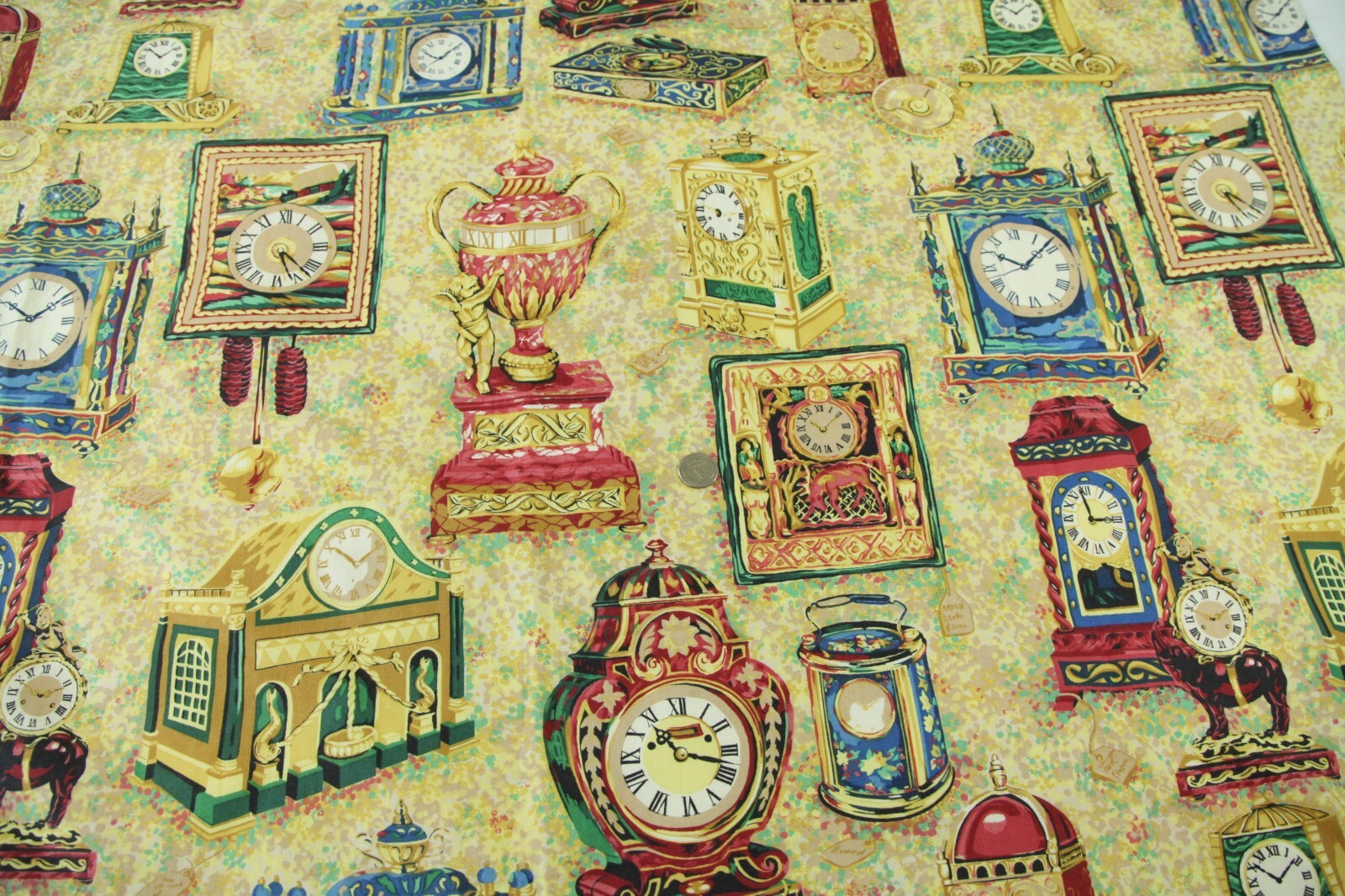 2Y+ VTG 90s Robert Allen Novelty Print Clock Fabric Upholstery Drapery Sample 2Y+ VTG 90s Robert Allen Novelty Print Clock Fabric Upholstery Drapery Sample