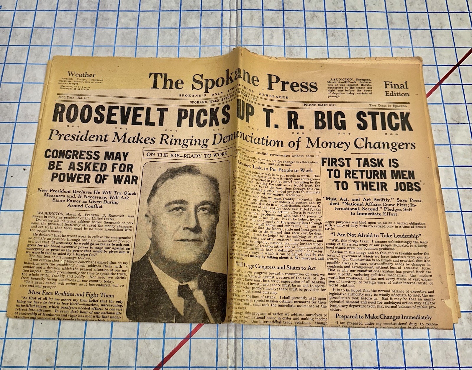 FRANKLIN D. ROOSEVELT Big Stick Policy Teddy Spokane Press 1933 Old Newspaper FRANKLIN D. ROOSEVELT Big Stick Policy Teddy Spokane Press 1933 Old Newspaper
