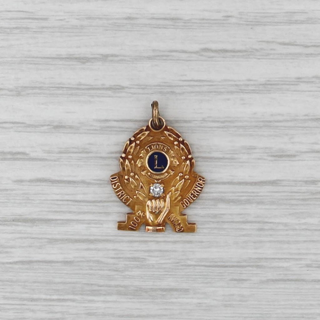 Vintage Lions Club Charm 10k Gold Diamond District Governor 100% Award