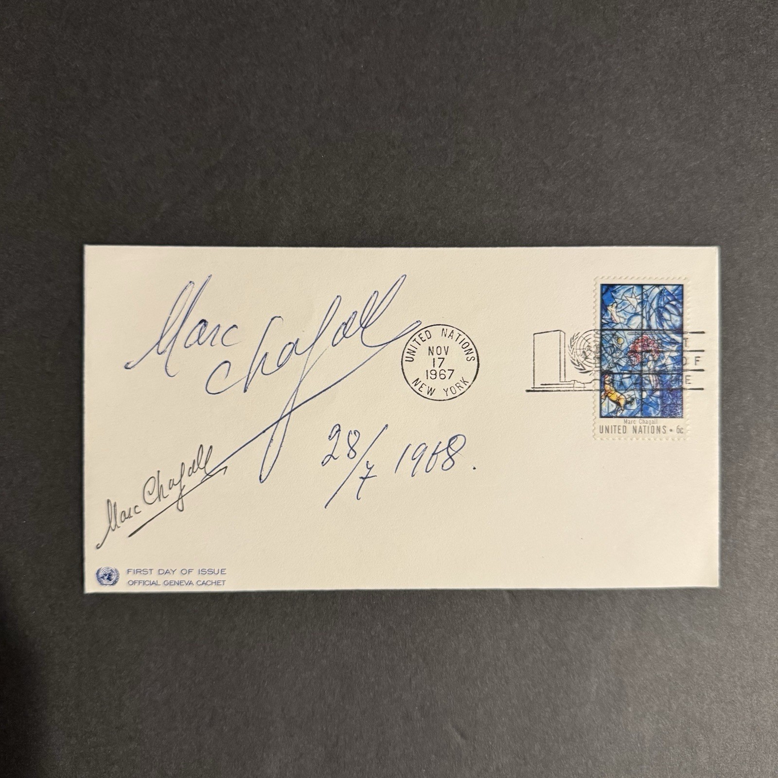 RARE Marc Chagall Hand-Signed 1967 UN First Day Cover FDC Autographed 1968
