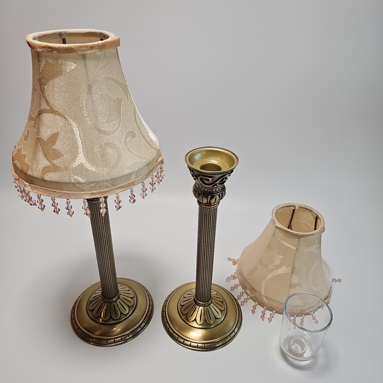 2 PartyLite CLASSIC CREATIONS Lamp Gold Taper Holder w/ Shade Kit P8779 & P8856