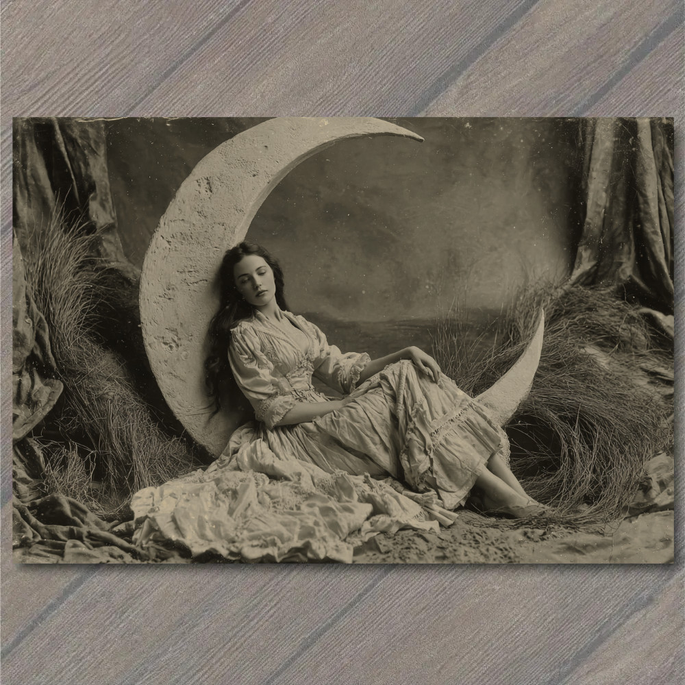 POSTCARD Victorian Woman Crescent Moon Night Dreamlike Portrait