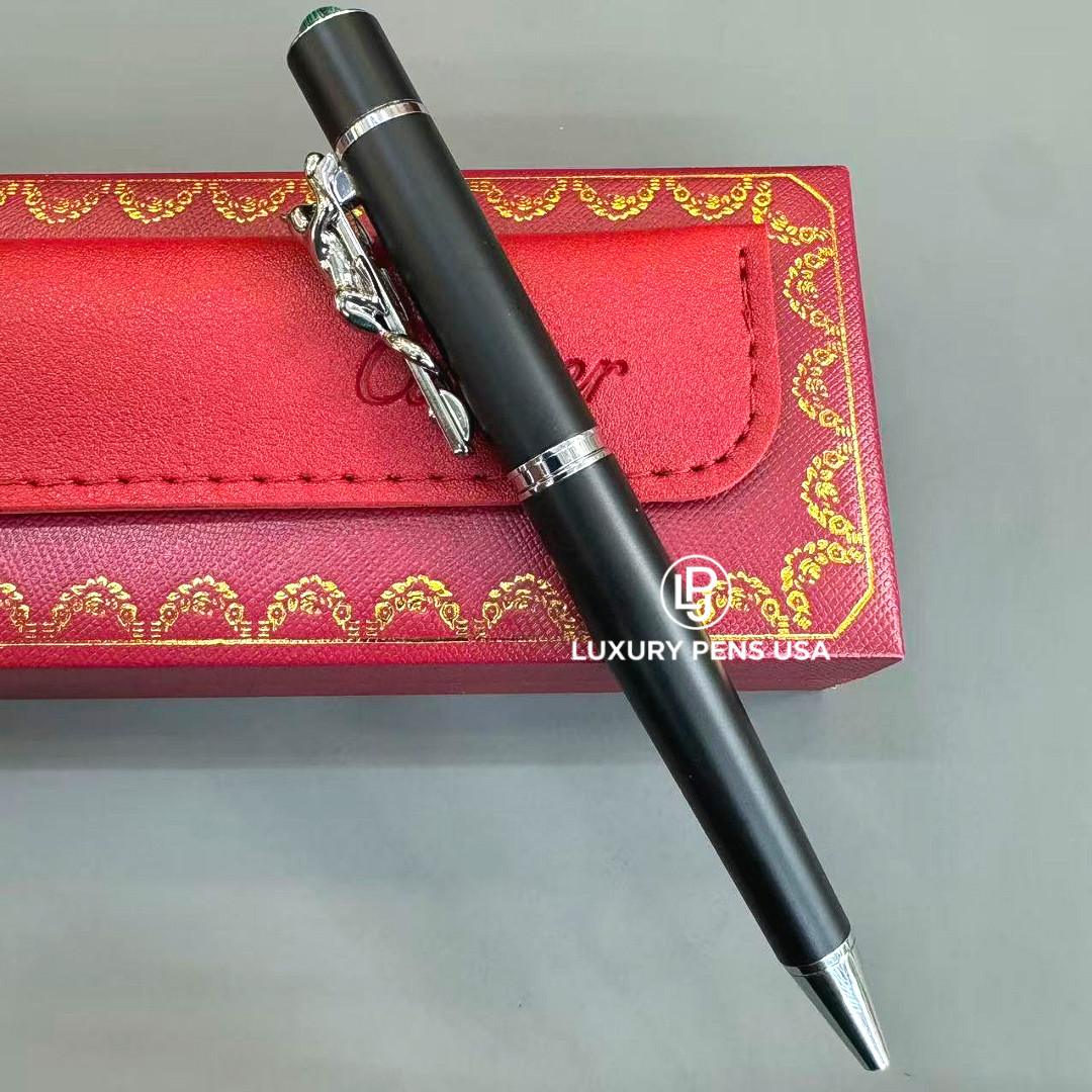 CARTIER Panthère Large Matte Black Silver Tone Ballpoint Pen Luxury Rare 