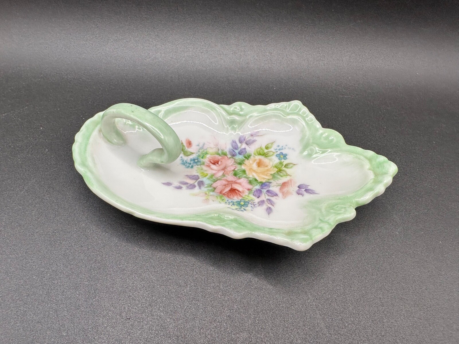 Vintage England Mint Green Finger Loop Tray Dish Signed Hand Painted Flowers 6\