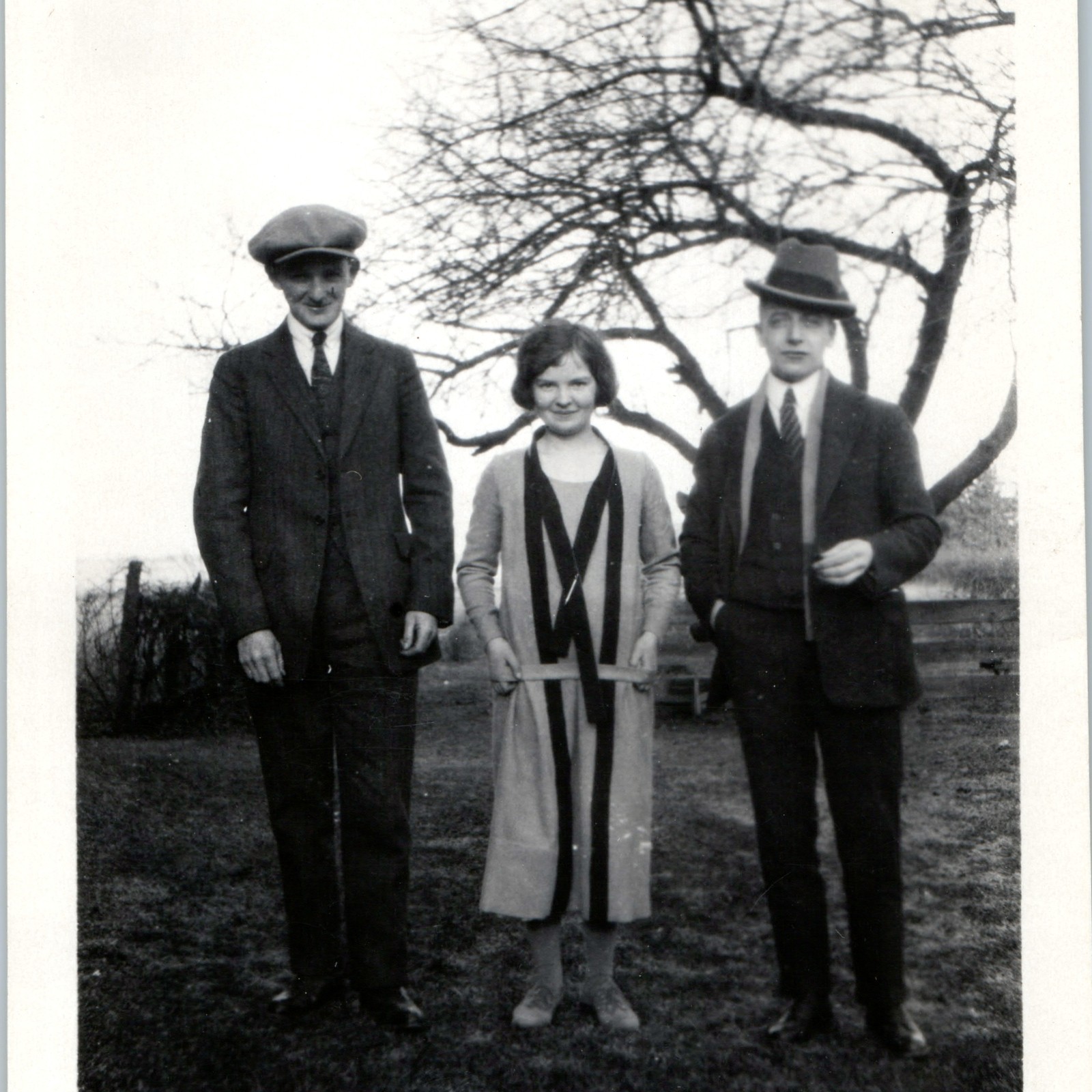 c1920s Snapshot Photo Cute Woman Fashion Men Hats Suits Tree Outdoor Nostalgic c1920s Snapshot Photo Cute Woman Fashion Men Hats Suits Tree Outdoor Nostalgic
