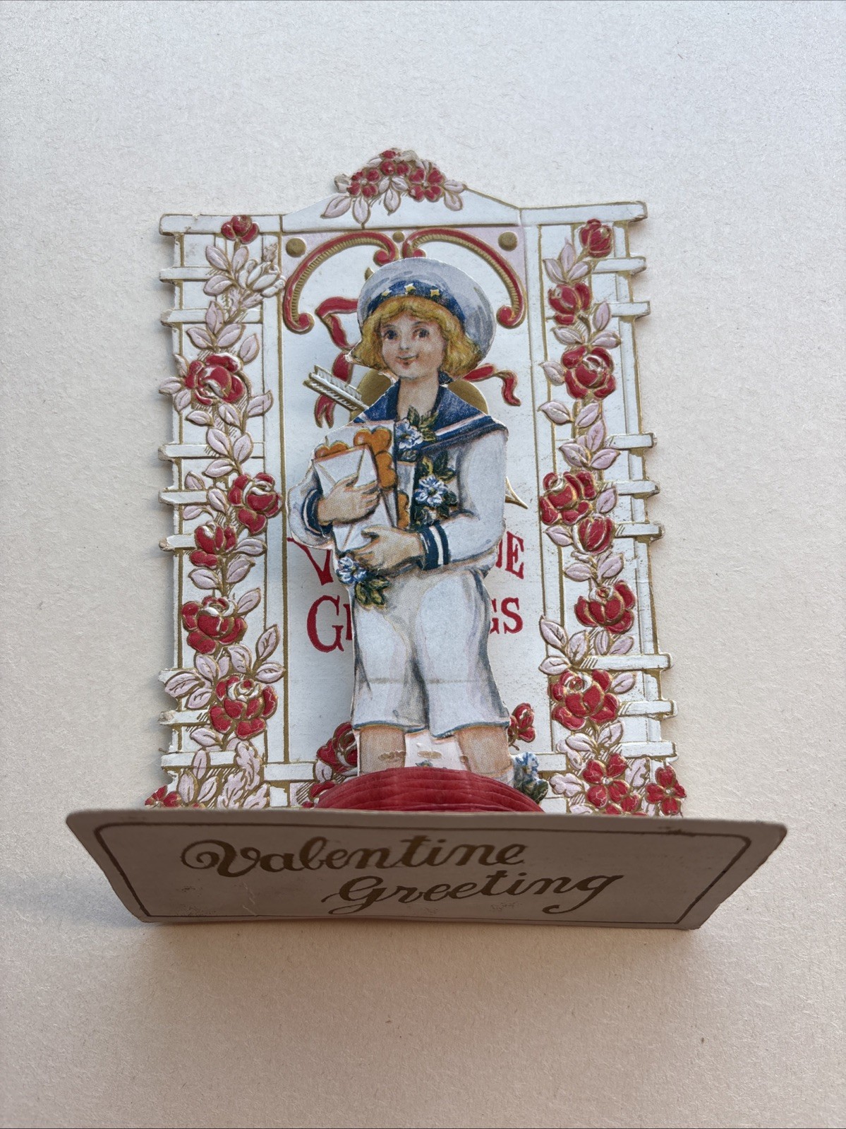 Mechanical Valentine Card Honeycomb Sailor Boy Holding Letters Antique 1910s