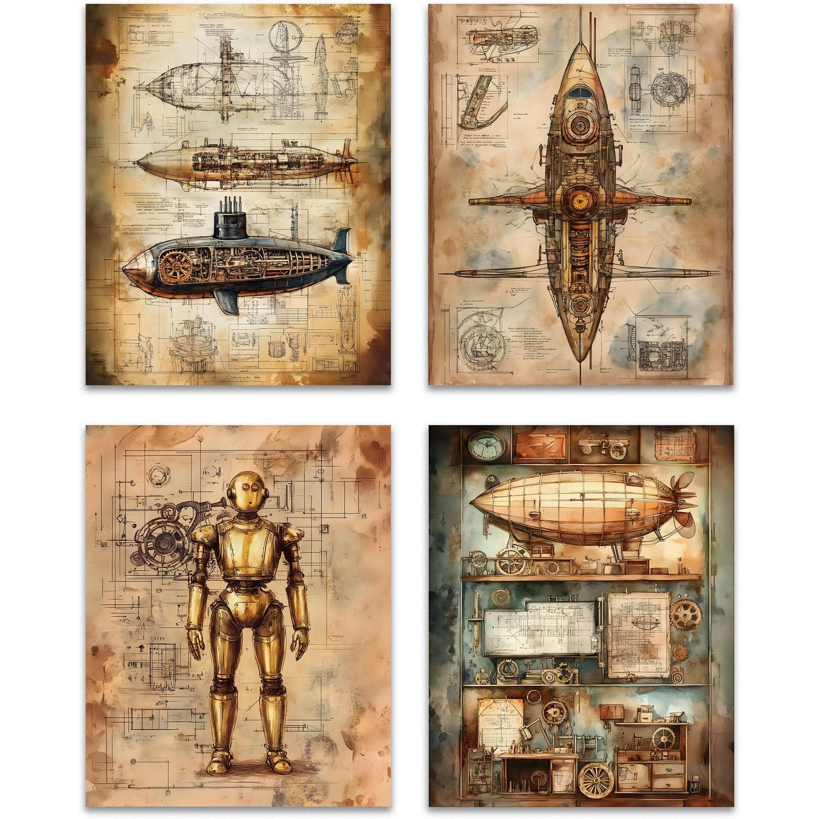 ZNGFON Vintage Steampunk Decor Wall Art Set 4,Steampunk Gifts men,Victorian