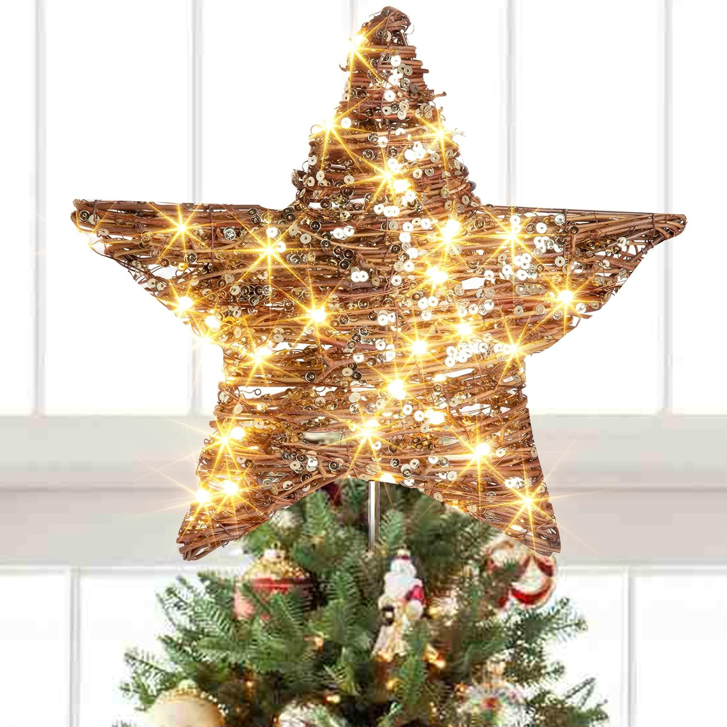 EAMBRITE 14” 40 LED Christmas Rattan Tree Topper Lighted Star Topper