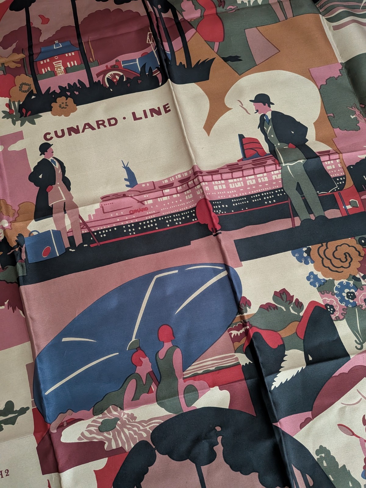Vintage Liberty London Silk Scarf-Art Deco Travel Themed-Cunard-34in Square Vintage Liberty London Silk Scarf-Art Deco Travel Themed-Cunard-34in Square