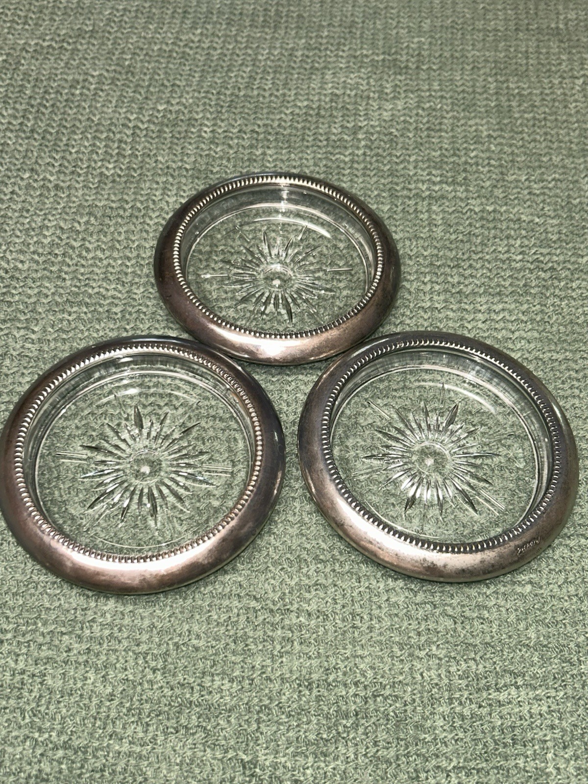 VTG MCM Leonard Silver Plated Crystal Glass Coasters Set Of 3 Plant Holder Dish VTG MCM Leonard Silver Plated Crystal Glass Coasters Set Of 3 Plant Holder Dish