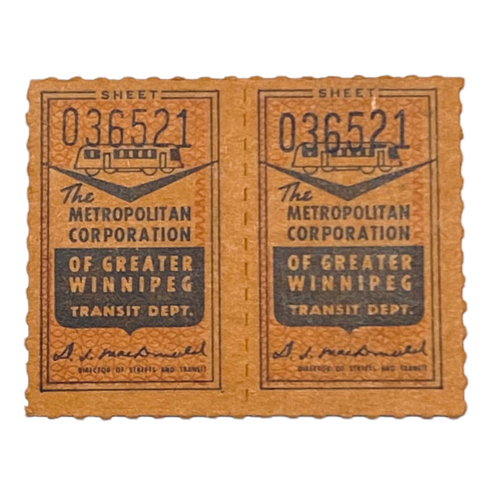 Metropolitan Corporation Of Greater Winnipeg Transit Dept - 2 Attached Tickets Metropolitan Corporation Of Greater Winnipeg Transit Dept - 2 Attached Tickets