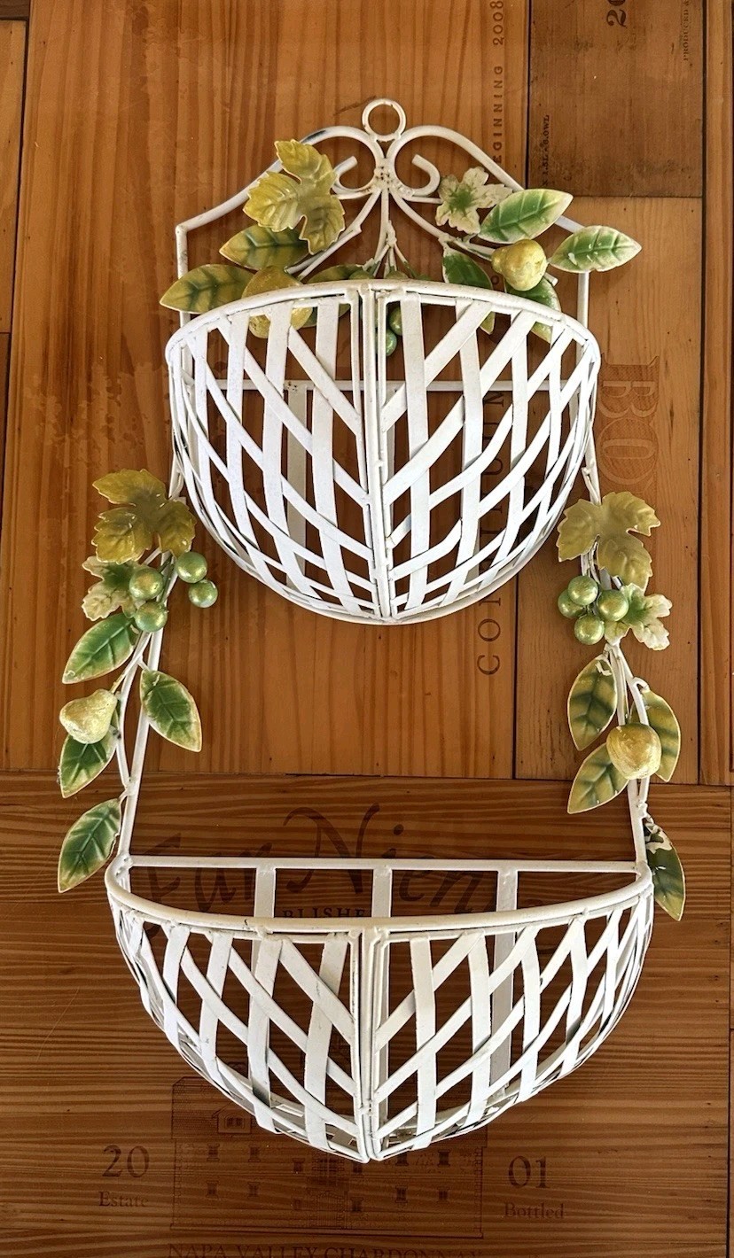Vintage RARE Italian Tole Metal 2 Tier Fruit & Leaves Garden Wall Planter Vintage RARE Italian Tole Metal 2 Tier Fruit & Leaves Garden Wall Planter