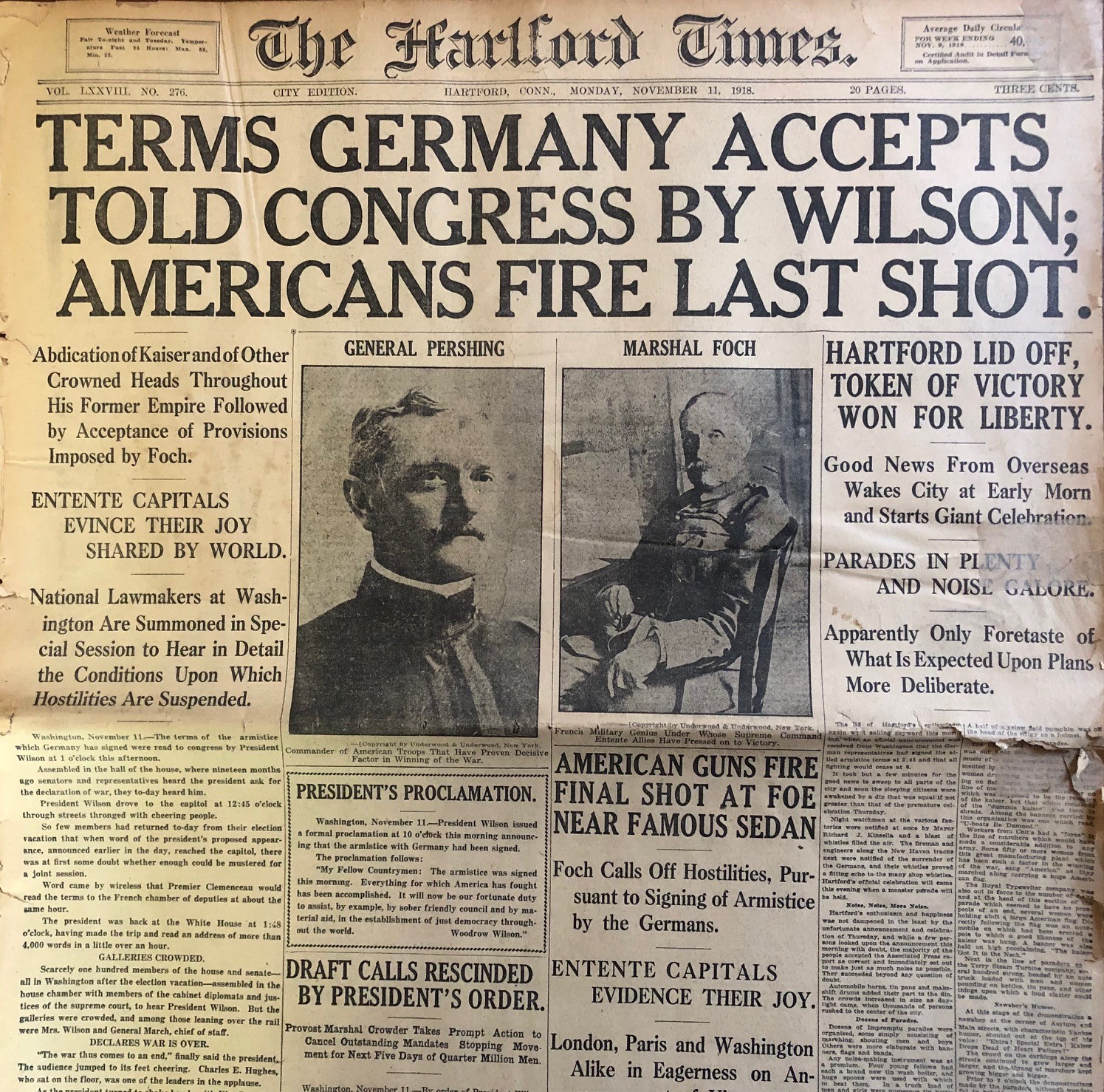 The HARTFORD TIMES WW1 11/11/1918 # Abdication of Kaiser # Pershing Foch France
