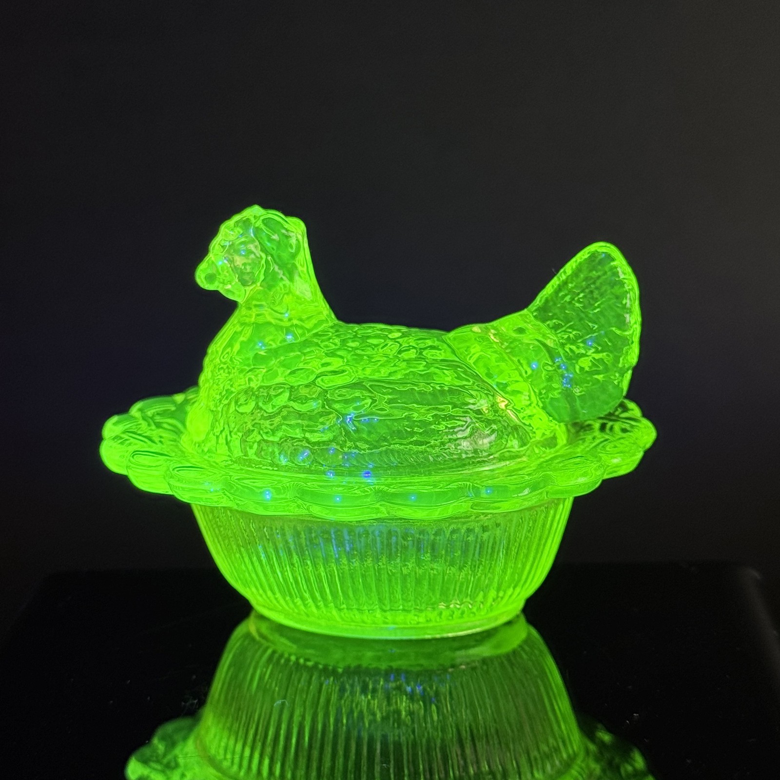 Vintage Vaseline Uranium Glass Hen On A Nest Mosser Covered Chicken Salt