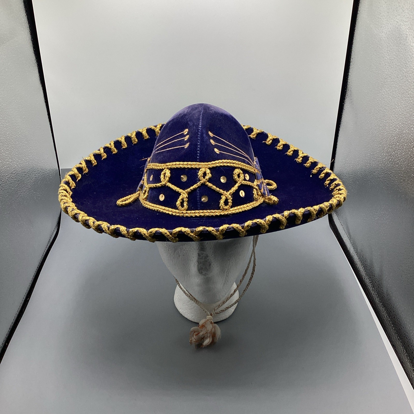 Vintage Pigalle XXXXX Mexican Blue, gold Velvet Sombrero Western Mariachi Hat. Vintage Pigalle XXXXX Mexican Blue, gold Velvet Sombrero Western Mariachi Hat.