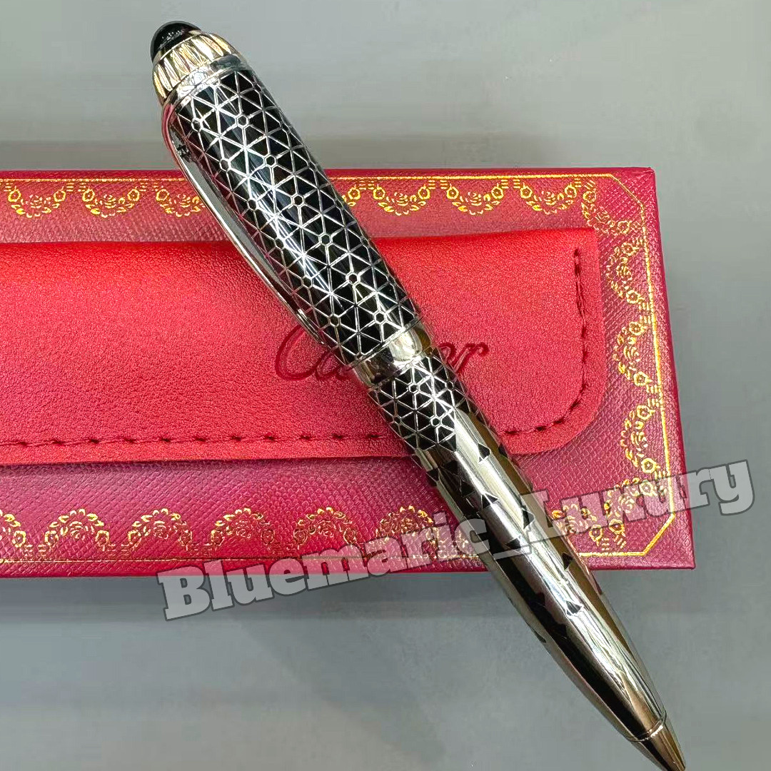 CARTIER Santos Black Geometric Pattern Ballpoint Pen Silver Tone Luxury Rare CARTIER Santos Black Geometric Pattern Ballpoint Pen Silver Tone Luxury Rare