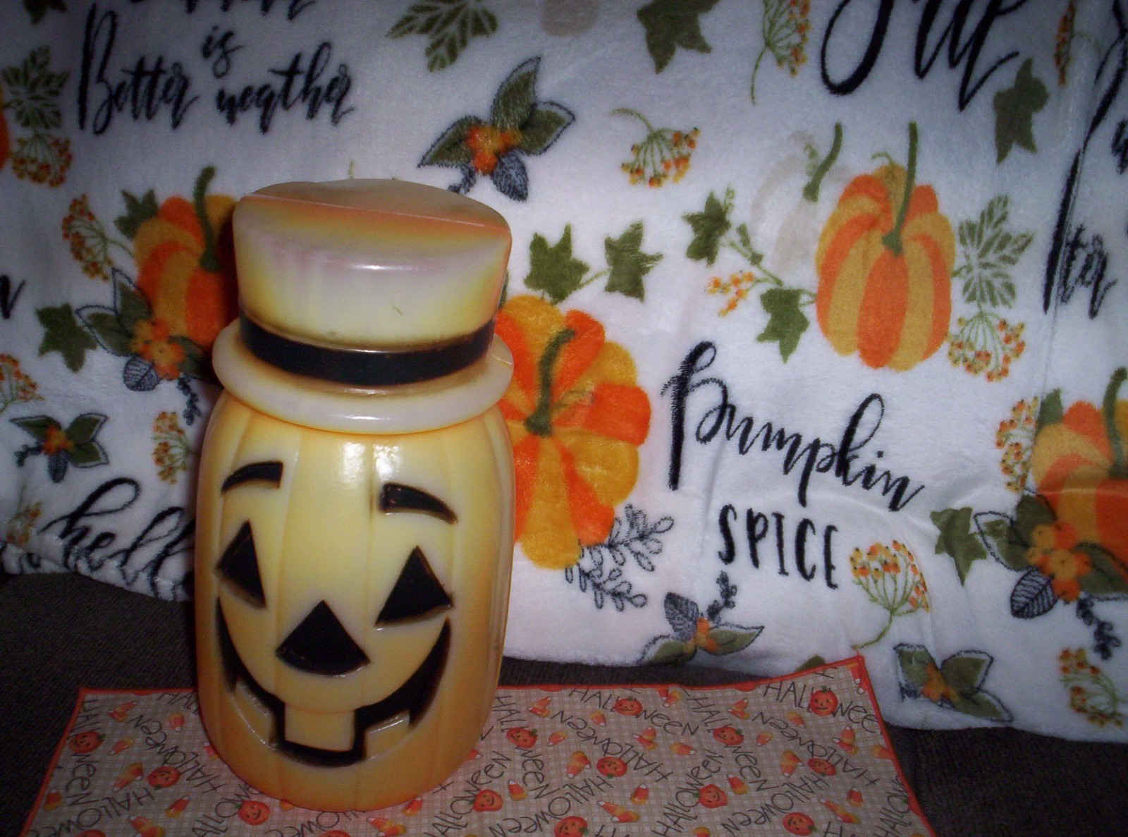Vintage  Blow Mold Jack OLantern PumpkinCylinder Shape Wearing Top Hat Halloween