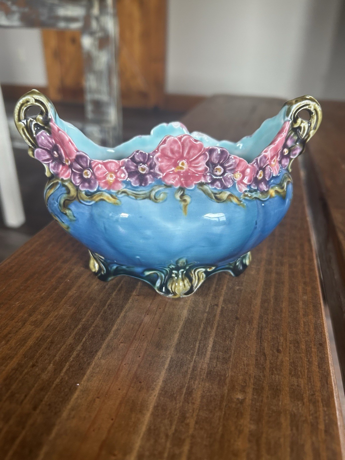 Antique French Barbotine Floral Blue Jardiniere Stilted Orchies Vase Planter Antique French Barbotine Floral Blue Jardiniere Stilted Orchies Vase Planter