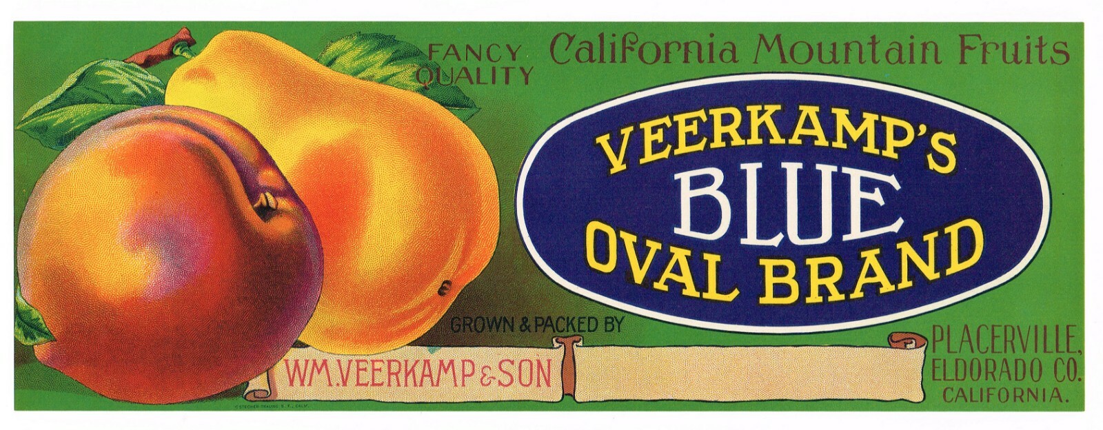 ORIGINAL PEAR CRATE LABEL VINTAGE PLACERVILLE BLUE OVAL 1930 EL DORADO COUNTY 
