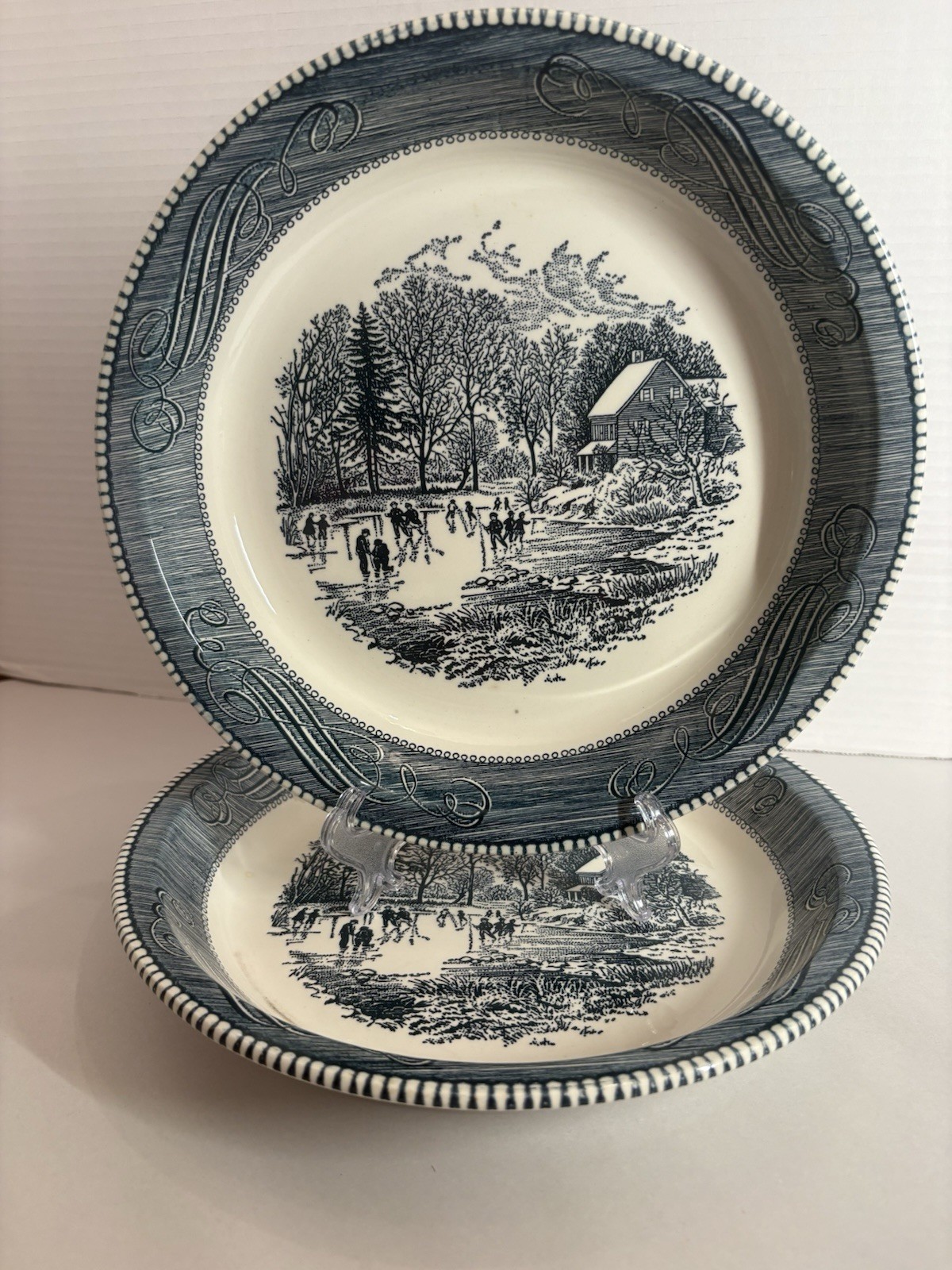 2- Vintage Blue Royal China Jeannette Currier & Ives Pie Plate 10” Ice Skating