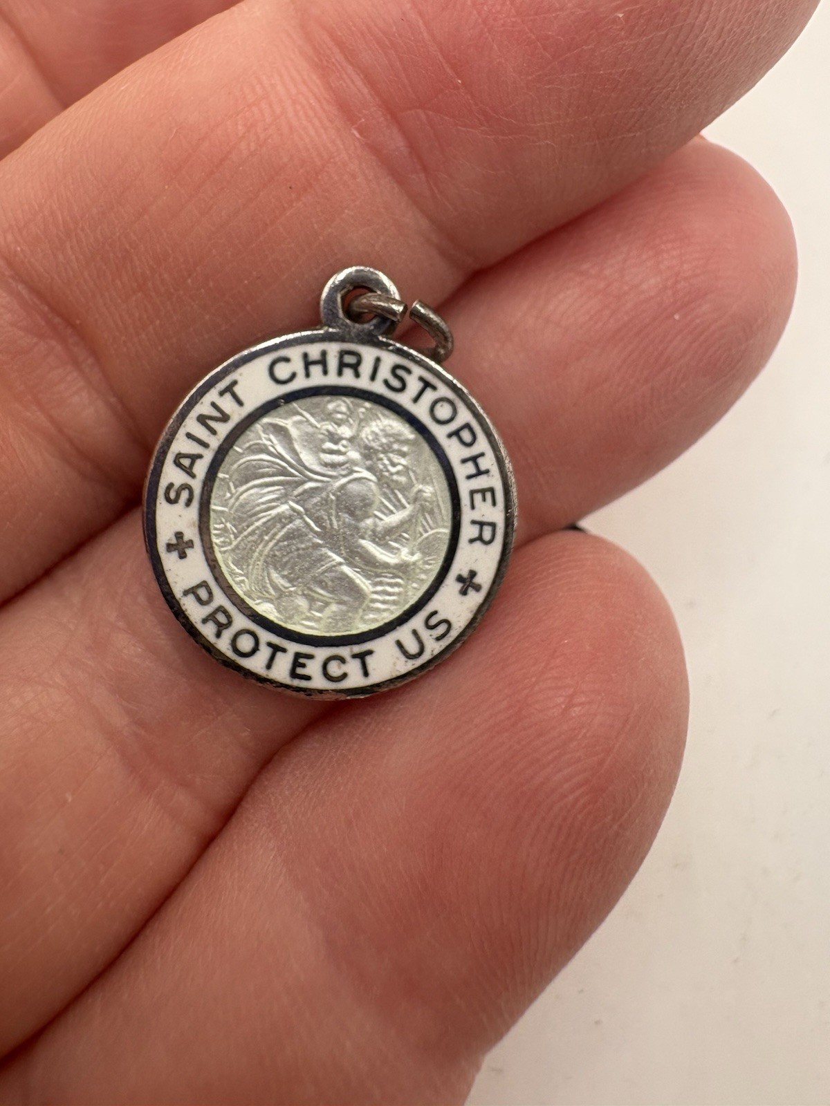 Vintage White Enamel Sterling Silver Saint Christopher Religious Medal Charm Vintage White Enamel Sterling Silver Saint Christopher Religious Medal Charm