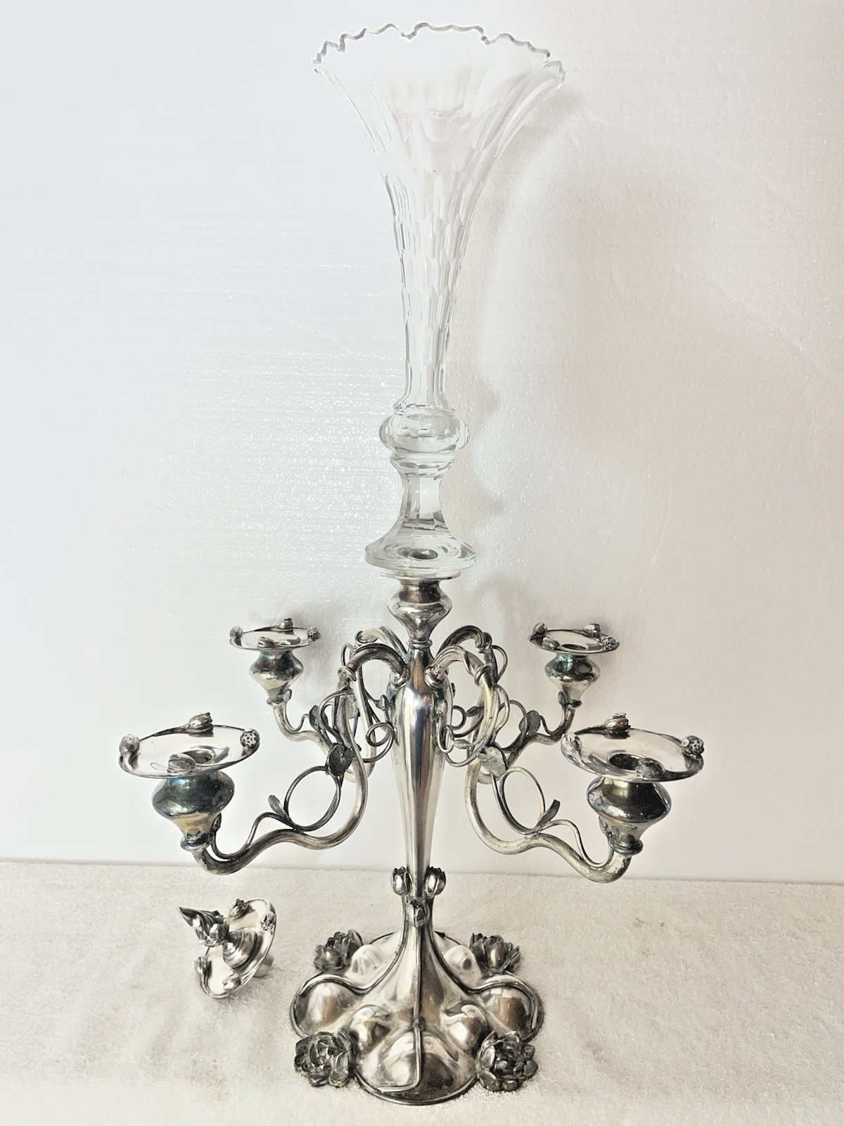 Antique Silverplate 5 Arm Epergne Candelabra Interchangeable Glass Trumpet 25\ Antique Silverplate 5 Arm Epergne Candelabra Interchangeable Glass Trumpet 25\