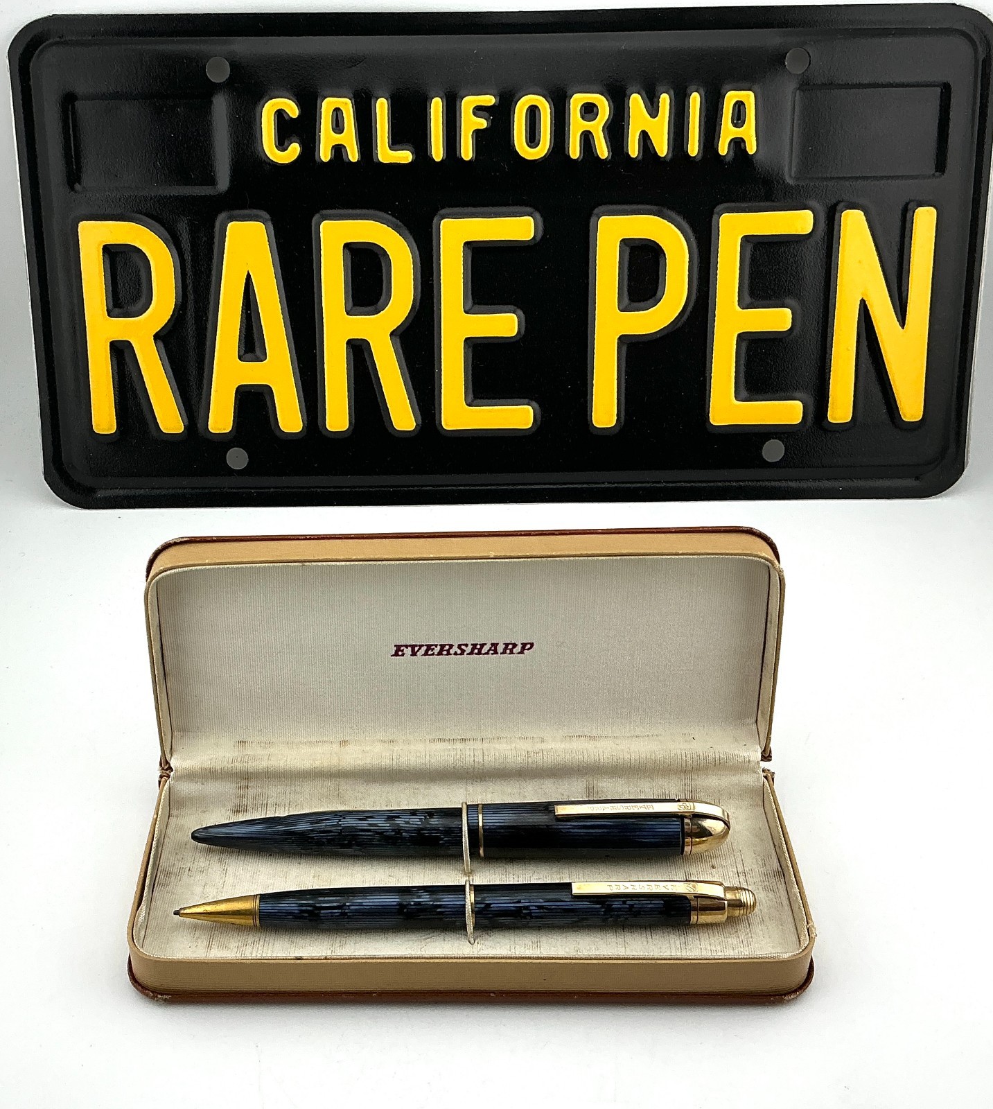 Vintage WAHL EVERSHARP SKYLINE MOIRE BLUE DERBY Fountain Pen & Pencil 14K F Flex