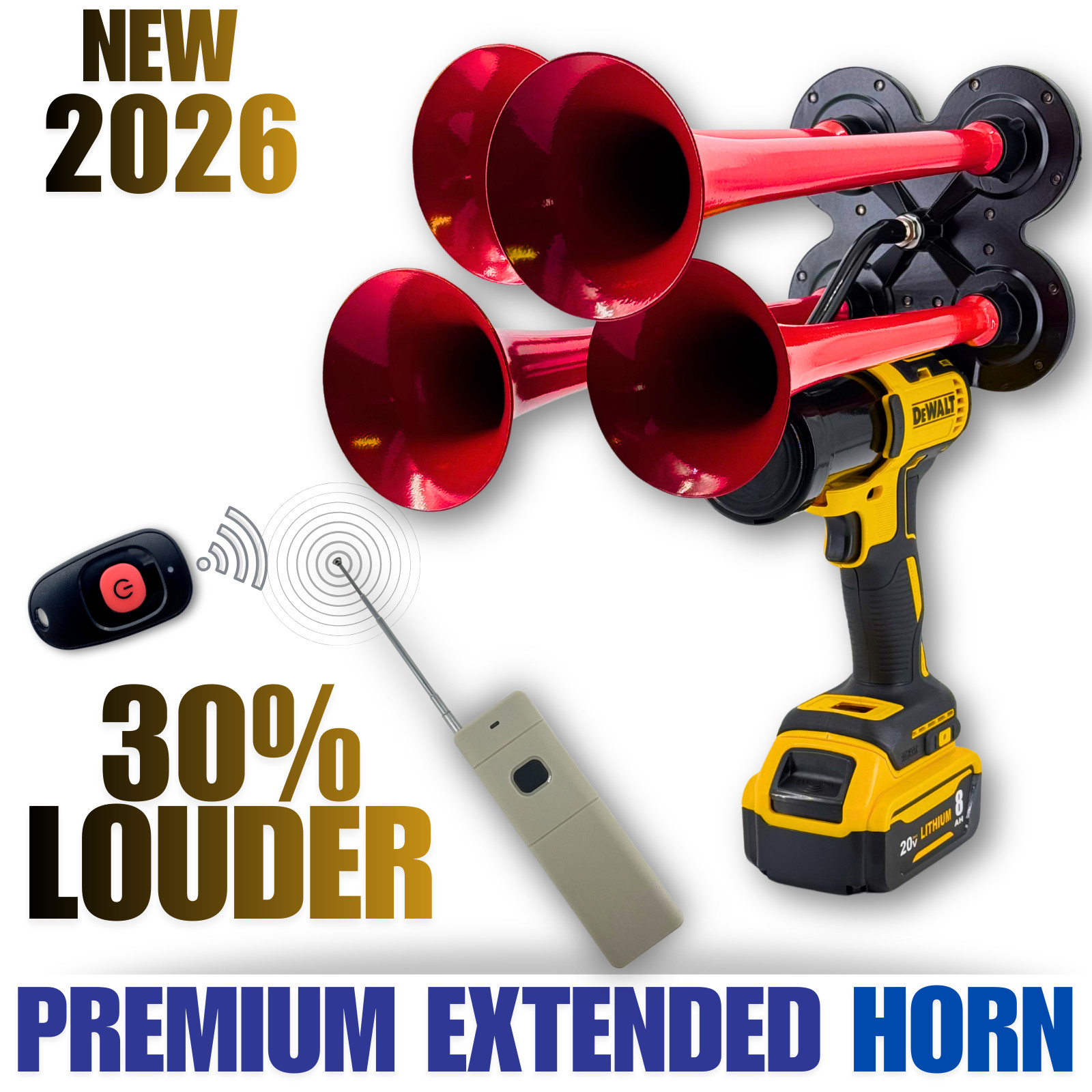 DeWalt Premium Red Train Horn, Long Range (2000ft) Remote, Extended Trumpets DeWalt Premium Red Train Horn, Long Range (2000ft) Remote, Extended Trumpets