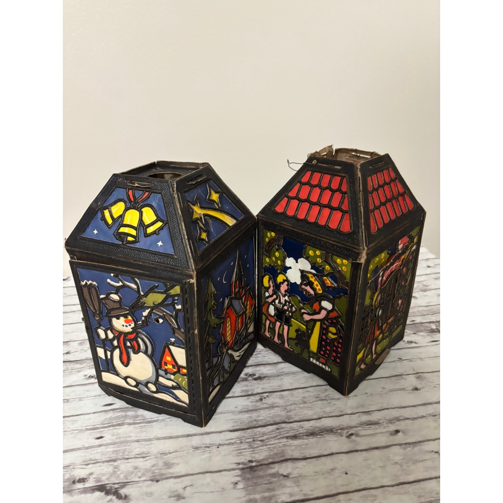 Vintage 1950s German Cardboard Christmas Lanterns Santa Snowman Hansel & Gretel