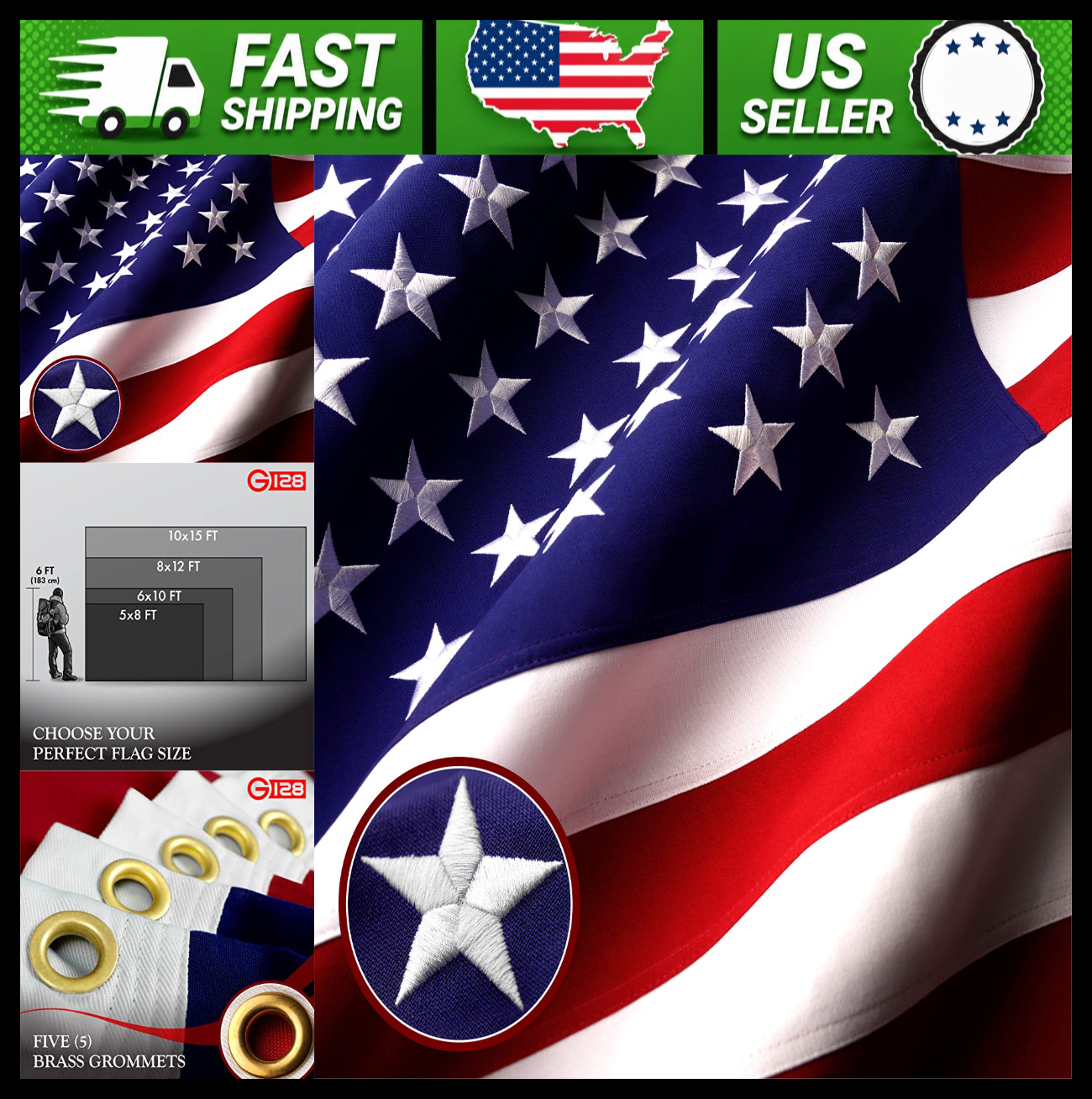 10x15 Ft American Flag, Tear-Proof Spun Polyester, Embroidered Stars, Sewn 10x15 Ft American Flag, Tear-Proof Spun Polyester, Embroidered Stars, Sewn