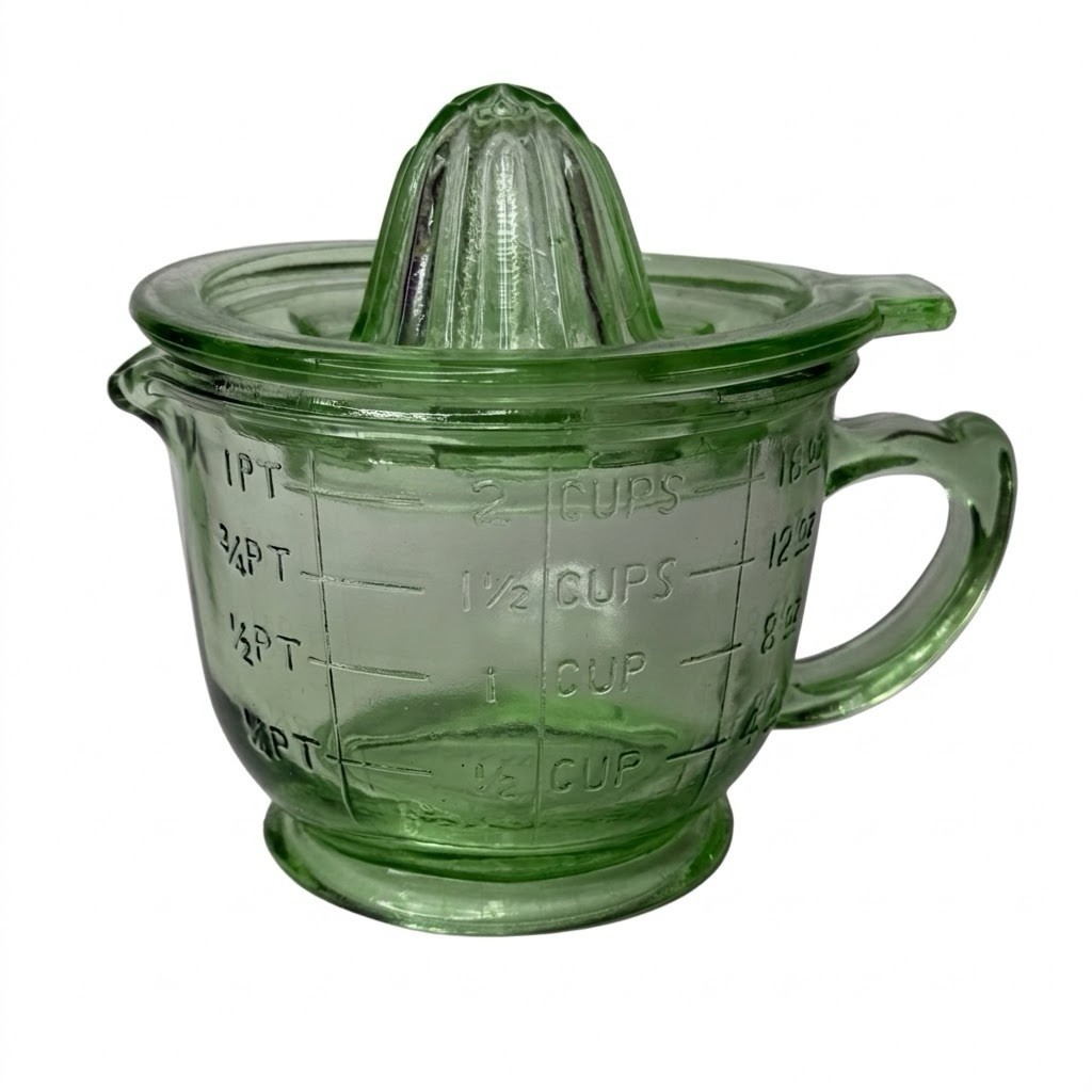 Vintage Green Depression Glass 2 Cup Measuring Pitcher with Citrus Juicer Reamer