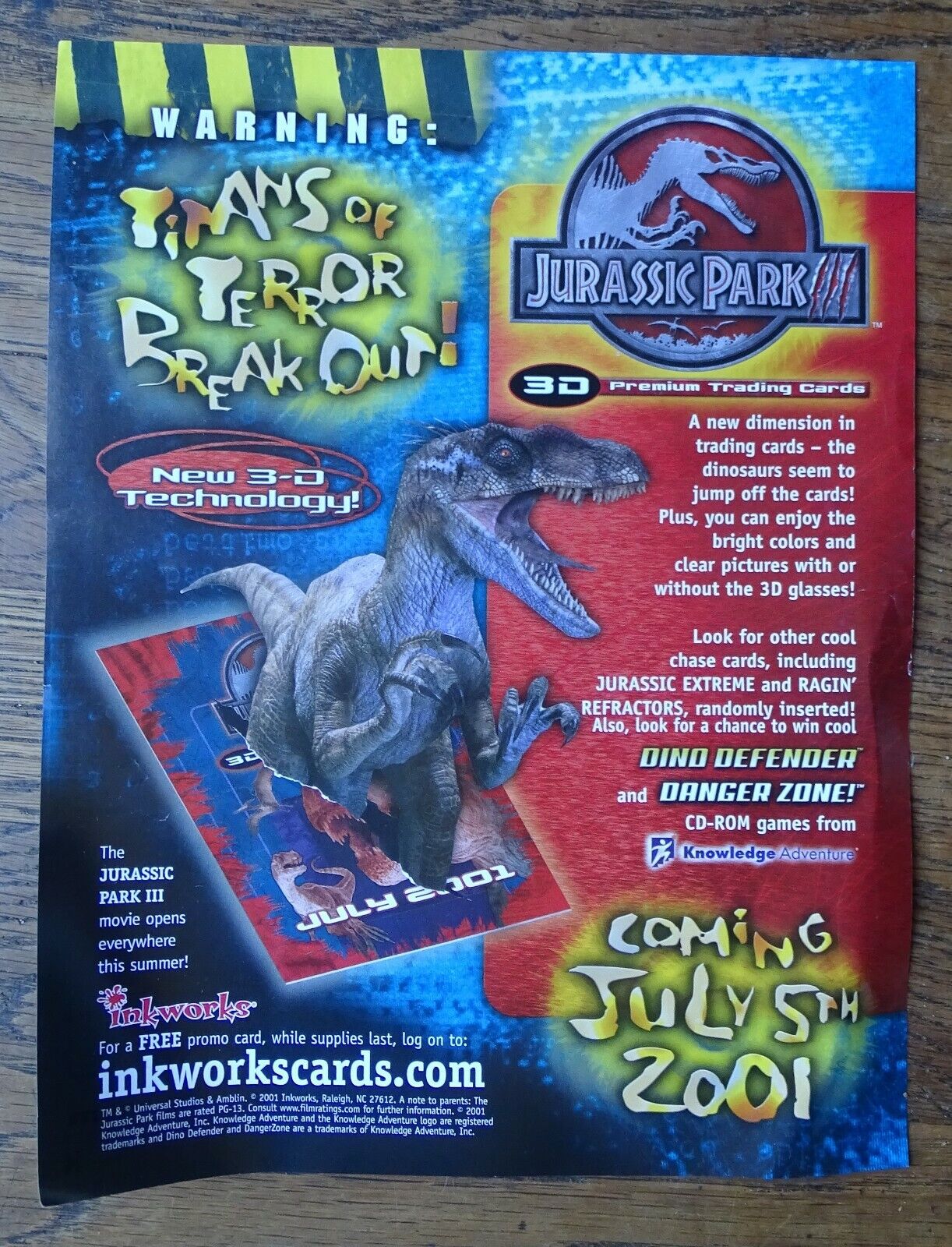 2001 Inkworks Jurassic Park III Sell Sheet (NO CARDS) 