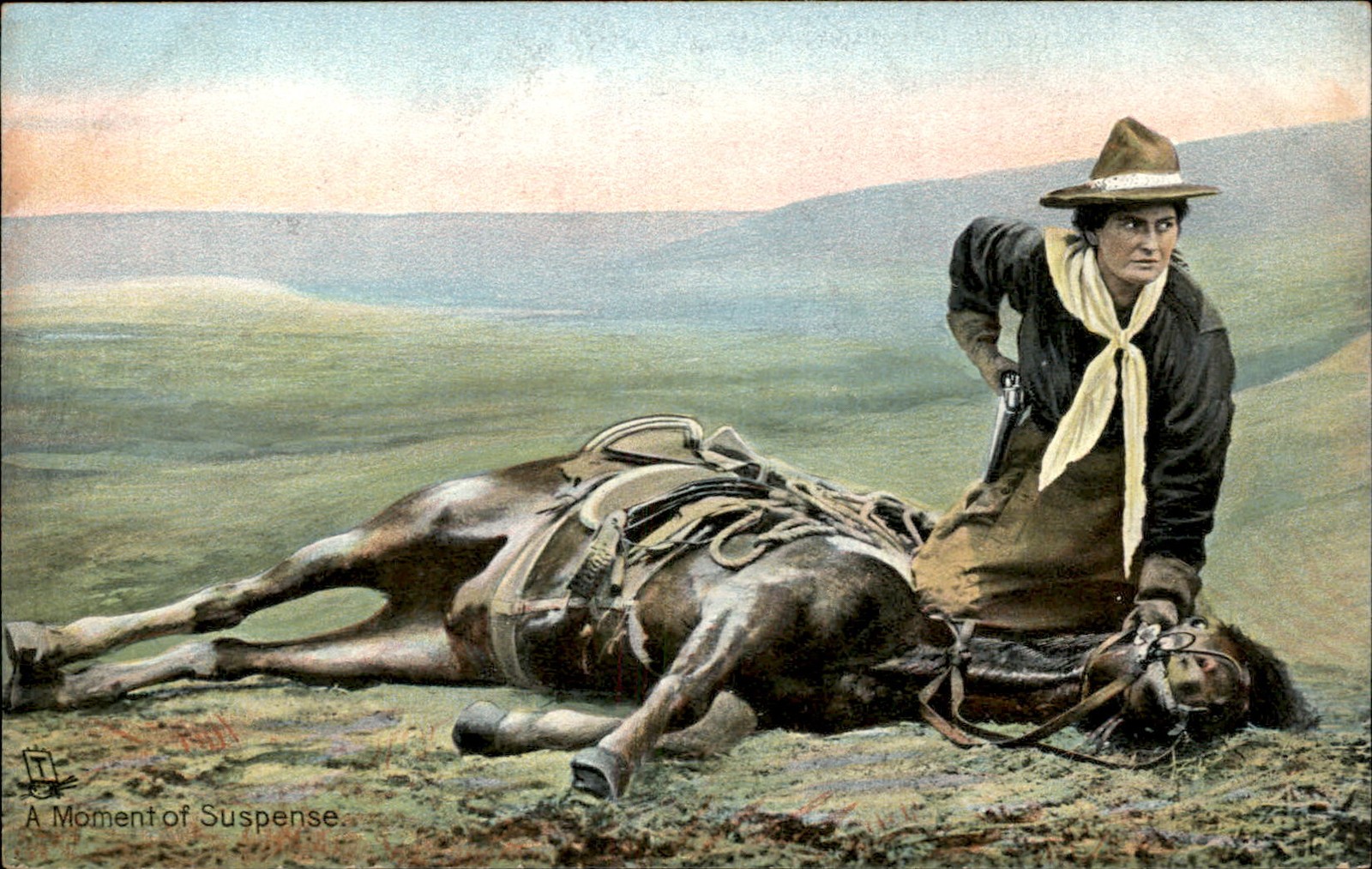 Cowgirl over fallen horse Pulling Gun Tuck GREAT IMAGE c1910 Postcard bhn Cowgirl over fallen horse Pulling Gun Tuck GREAT IMAGE c1910 Postcard bhn