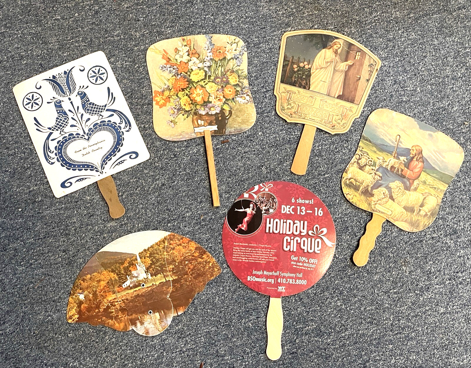 Advertising Hand Held Fans Wood Handles 1 Three Fold Lot of 6 - Five Vintage Advertising Hand Held Fans Wood Handles 1 Three Fold Lot of 6 - Five Vintage