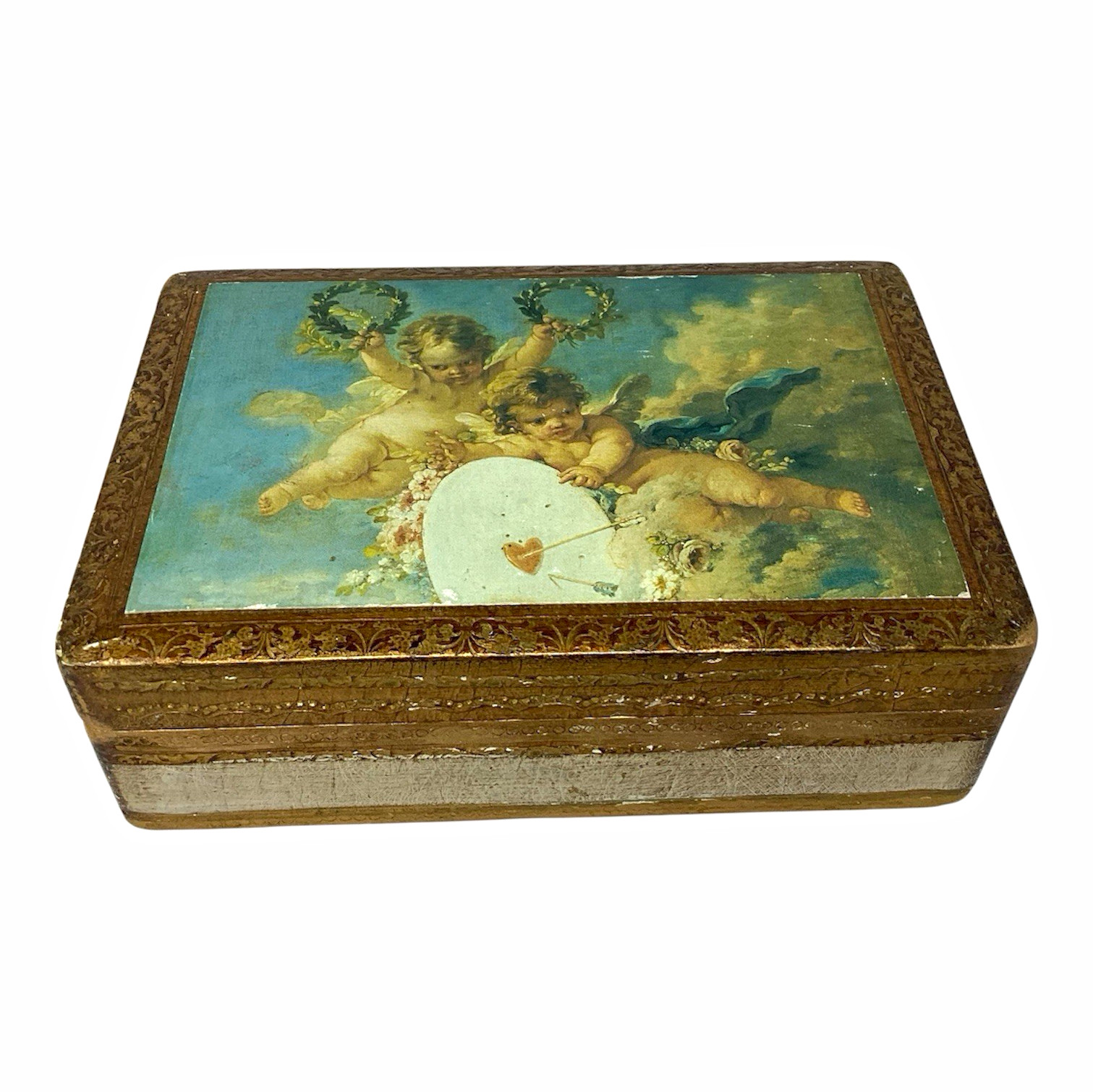 Vintage Italian Florentine Gold Leaf Wood Cherub Box Handmade Florence Italy