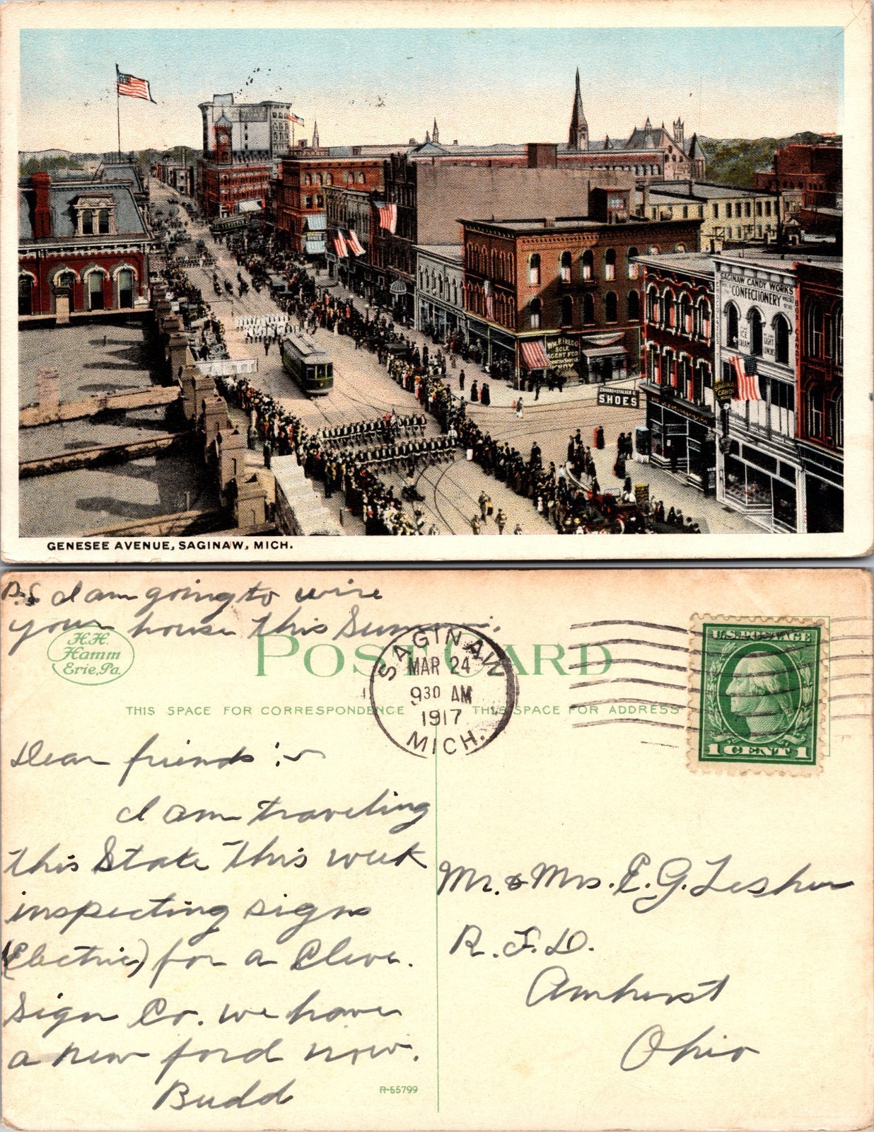 Genesee Avenue Saginaw Michigan Parade Streetcar Postcard