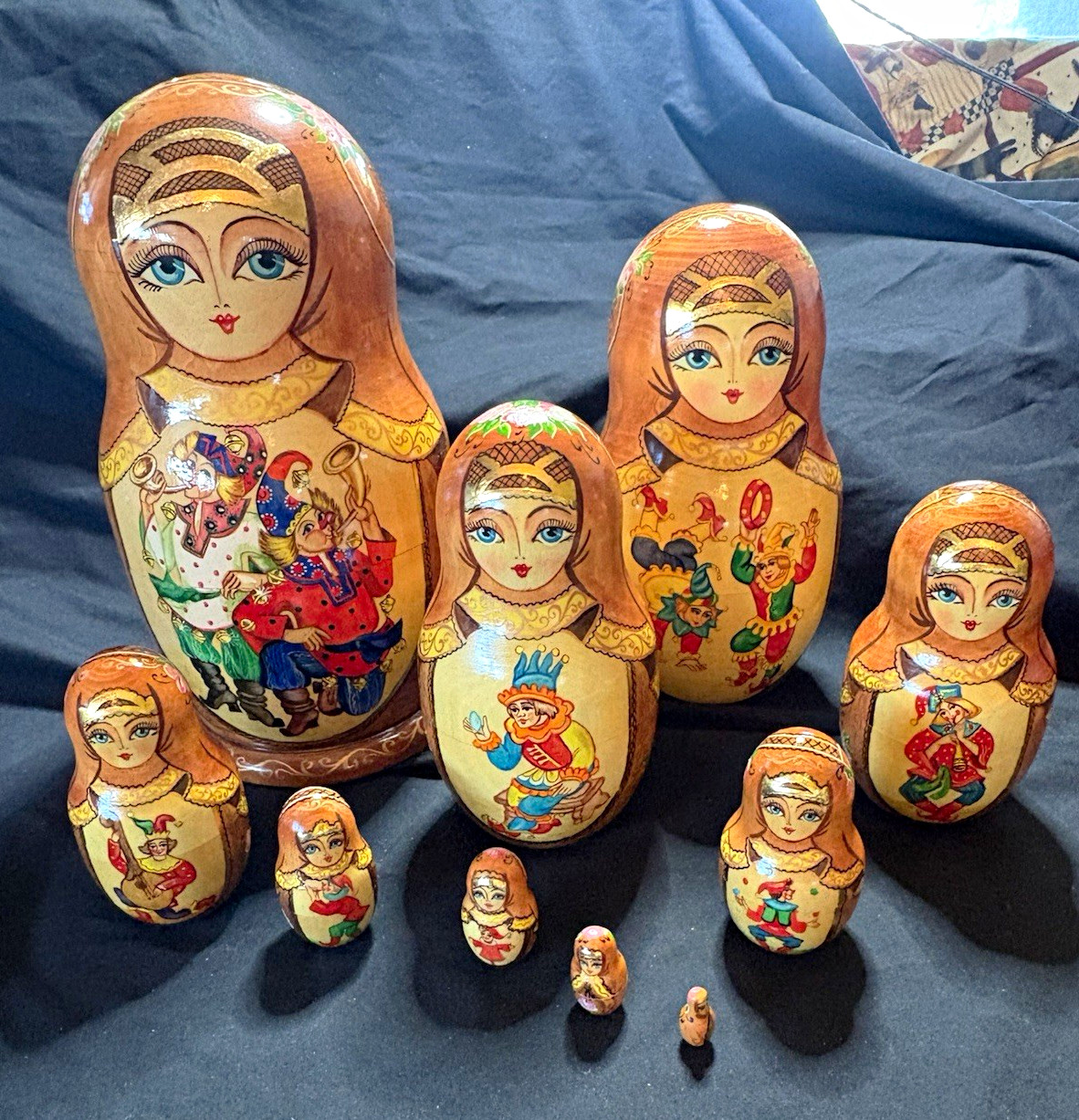 Hand-Painted Handmade Russian Matryoshka Nesting Dolls Set of 10. Carnival Hand-Painted Handmade Russian Matryoshka Nesting Dolls Set of 10. Carnival