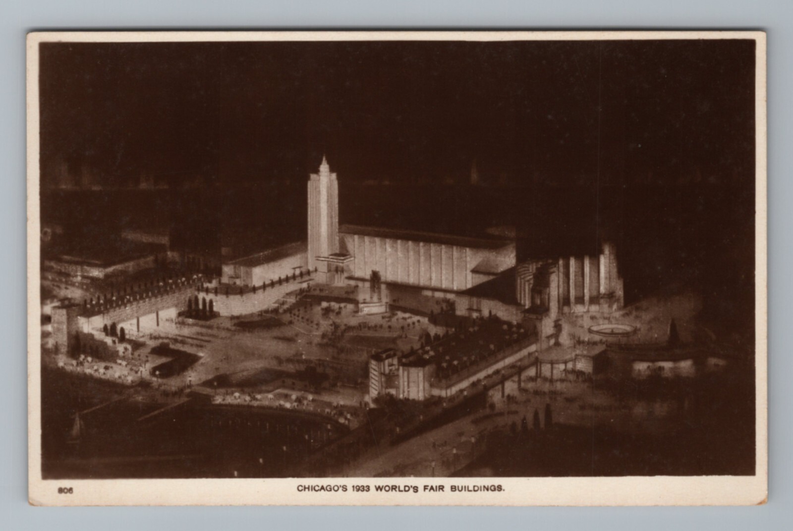 1933 Chicago\'s World Fair Buildings at Night Aerial  Vtg Postcard