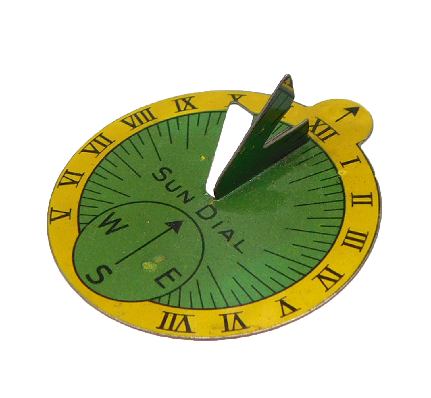 1939 CRACKER JACK PRIZE ~ SUN DIAL GREEN AND YELLOW TIN LITHO SUNDIAL 1939 CRACKER JACK PRIZE ~ SUN DIAL GREEN AND YELLOW TIN LITHO SUNDIAL