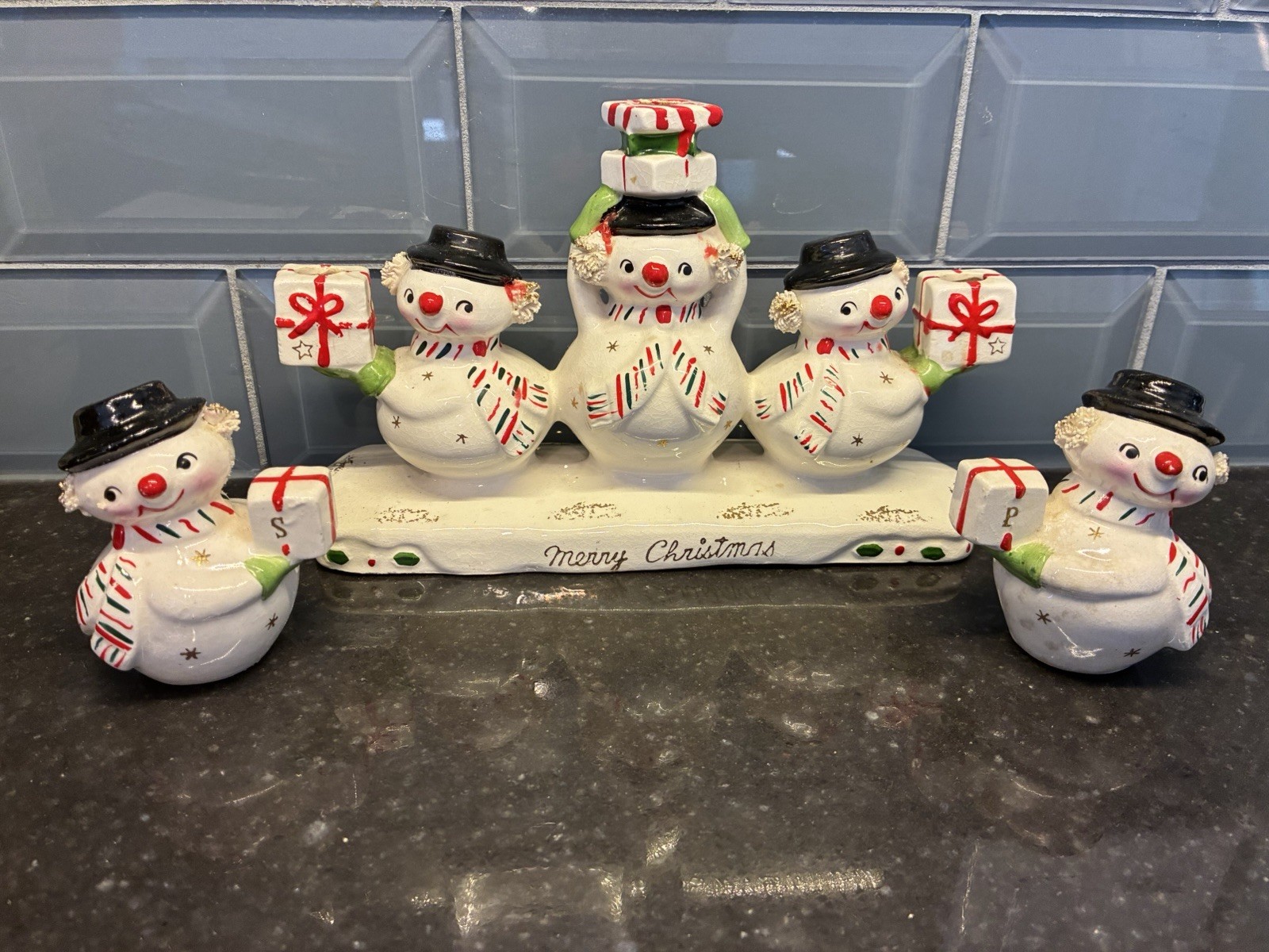 Vintage Holt Howard 1950\'s Christmas Snowman Salt Pepper Shakers & Candle Holder Vintage Holt Howard 1950\'s Christmas Snowman Salt Pepper Shakers & Candle Holder