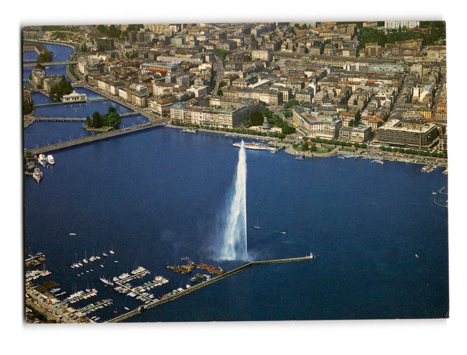 Geneva Fountain Lake Aerial View Vintage Chrome Postcard