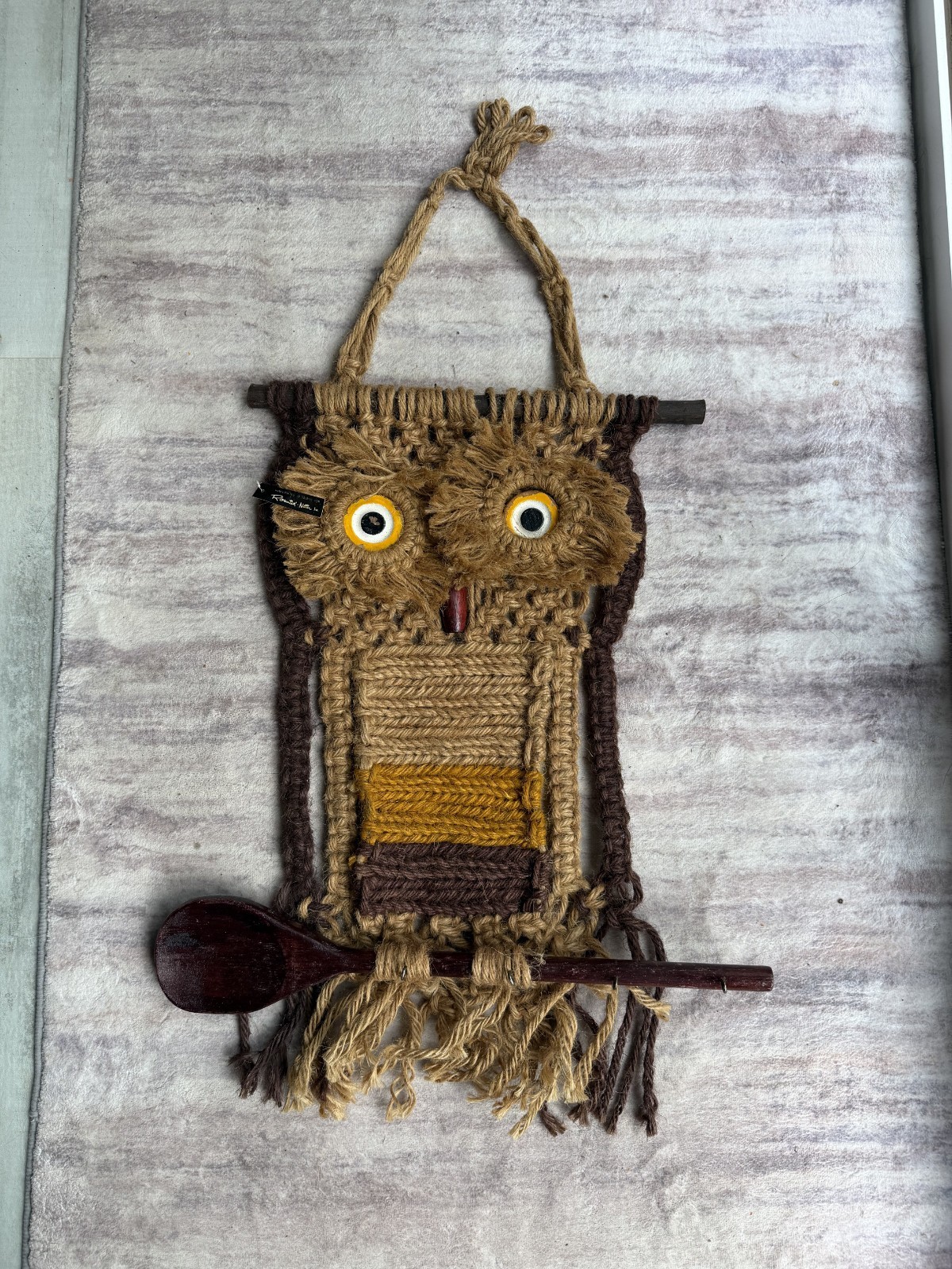 VTG 1970\'s Macrame Owl Wall Hanging With Wooden Spoon and Small Hooks for Keys VTG 1970\'s Macrame Owl Wall Hanging With Wooden Spoon and Small Hooks for Keys