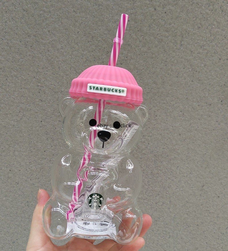 Rare Starbucks Bear Bearista Glass Cup All Pink 20oz Straw Cup Iced Coffee Cup