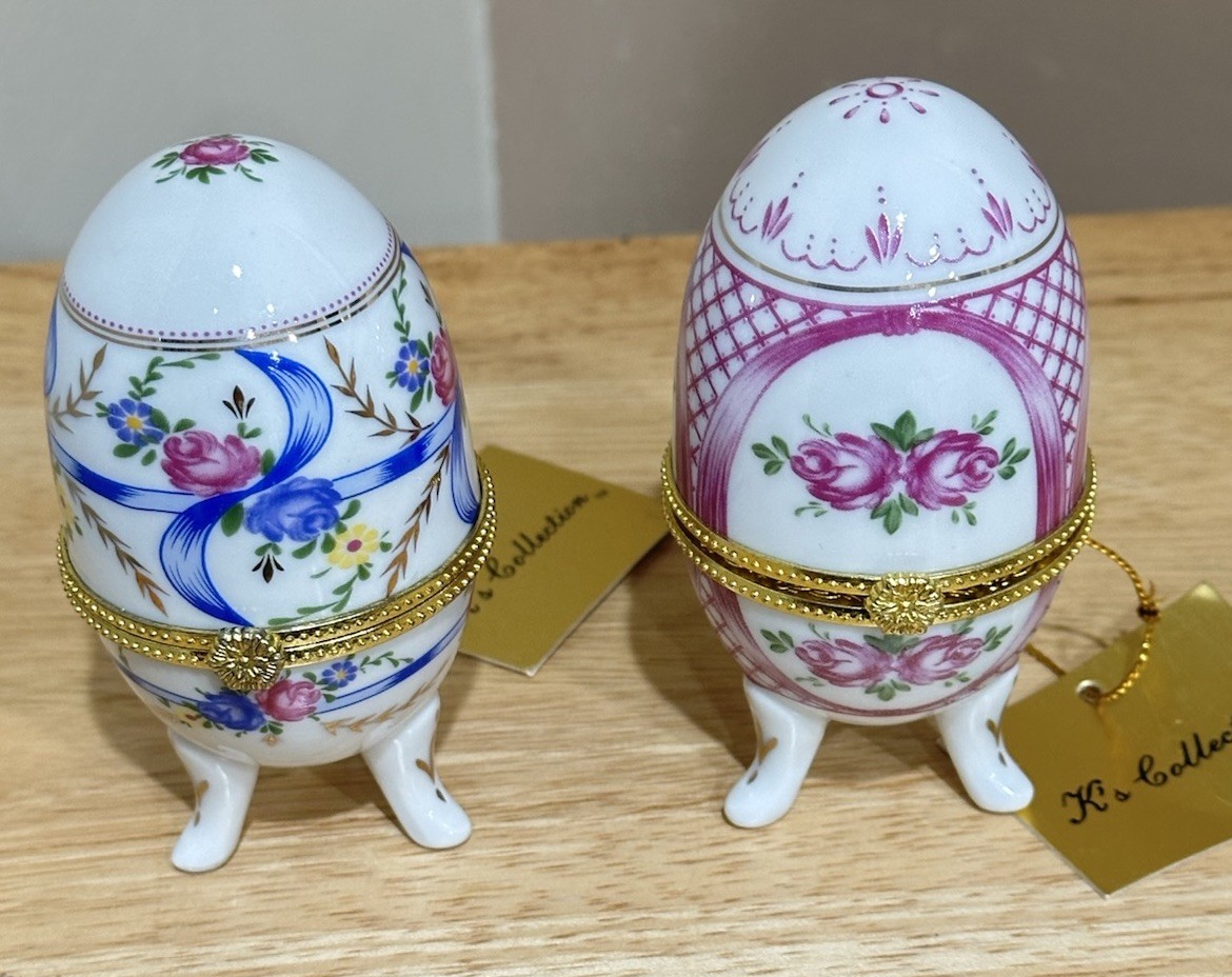 Vtg K’s Pink Rose & Blue Ribbon Gold Porcelain Eggs Shaped Trinket Boxes 2 Pcs Vtg K’s Pink Rose & Blue Ribbon Gold Porcelain Eggs Shaped Trinket Boxes 2 Pcs