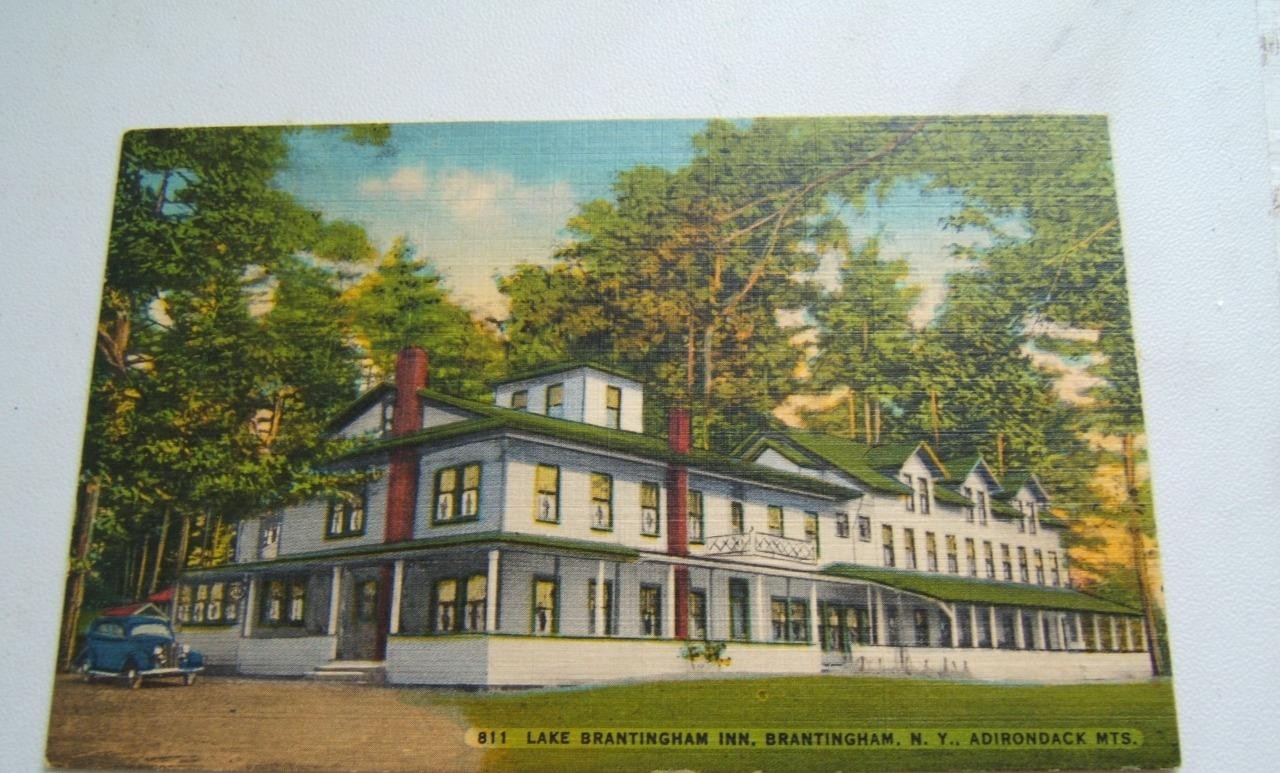 VINTAGE LINEN POSTCAR LAKE BRANTINGHAM HOTEL ADIRONDACK MTS.