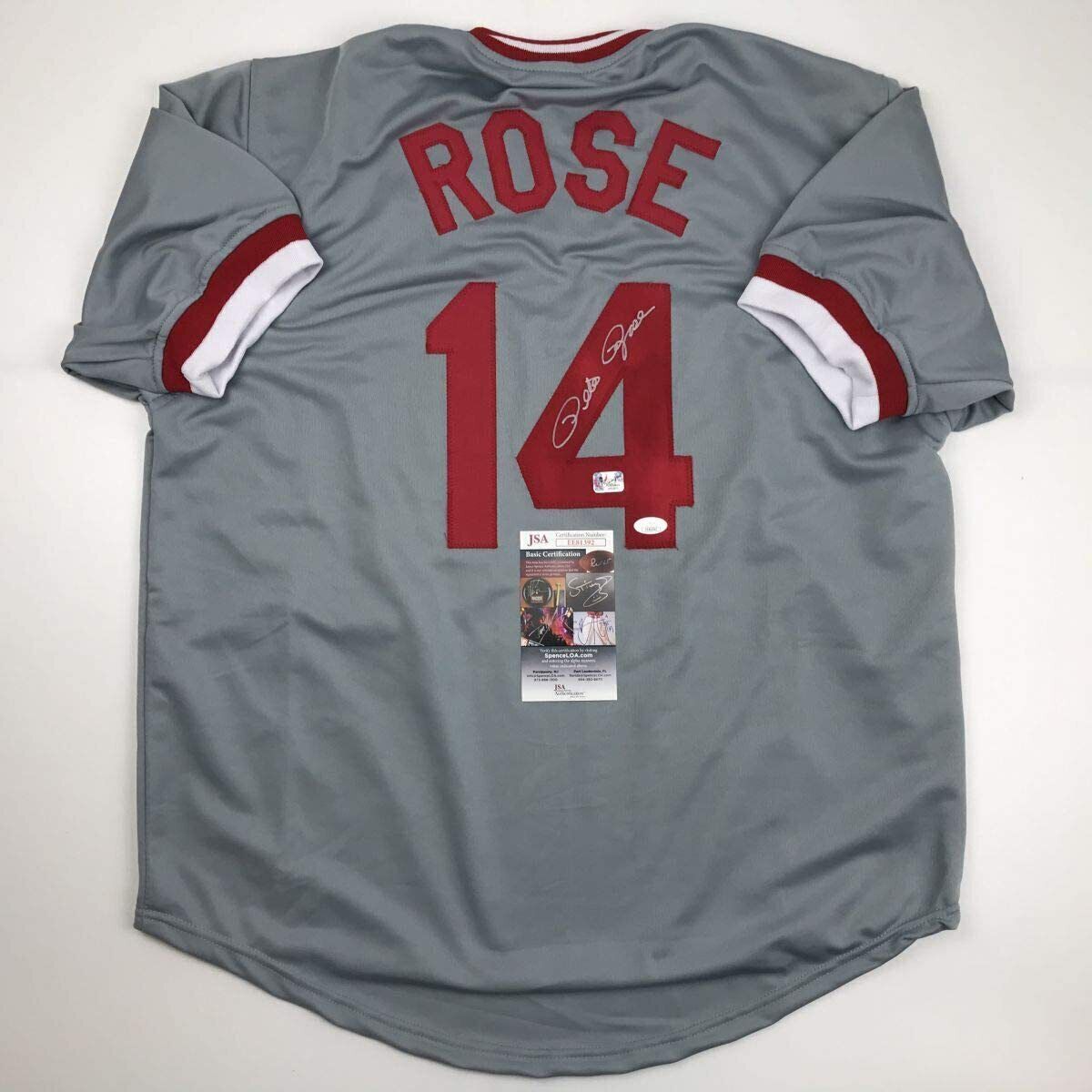 Autographed/Signed Pete Rose Cincinnati Grey Baseball Jersey JSA COA