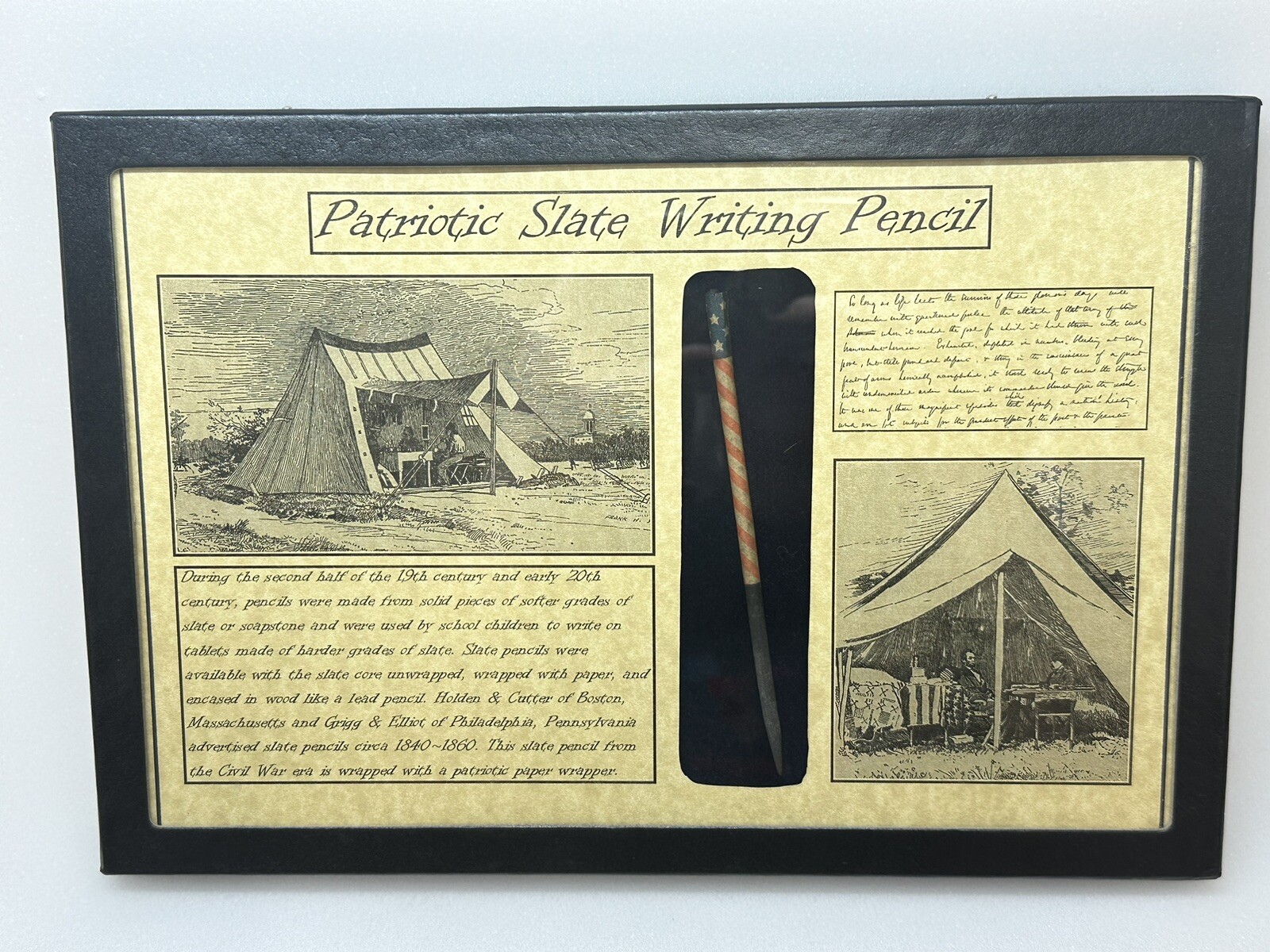 Authentic Civil War Patriotic Slate Writing Pencil In Glass Topped Display Case Authentic Civil War Patriotic Slate Writing Pencil In Glass Topped Display Case
