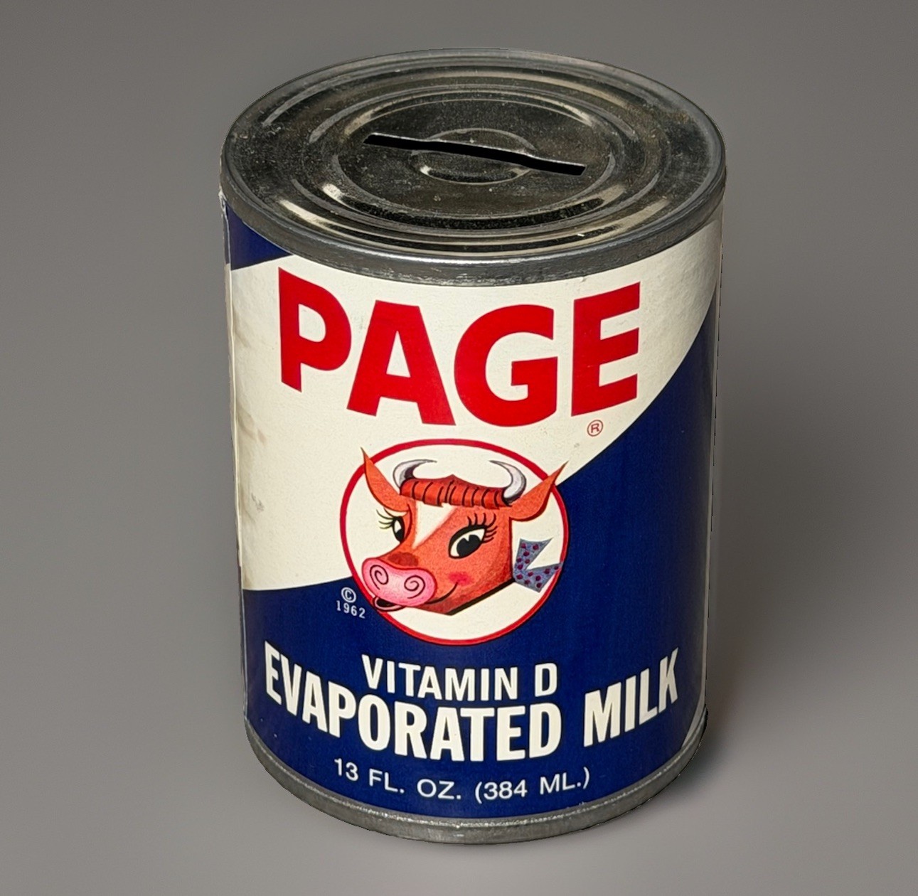 Vintage 1962 PAGE Evaporated Milk Advertising Tin Can Promo Bank - Batavia, NY